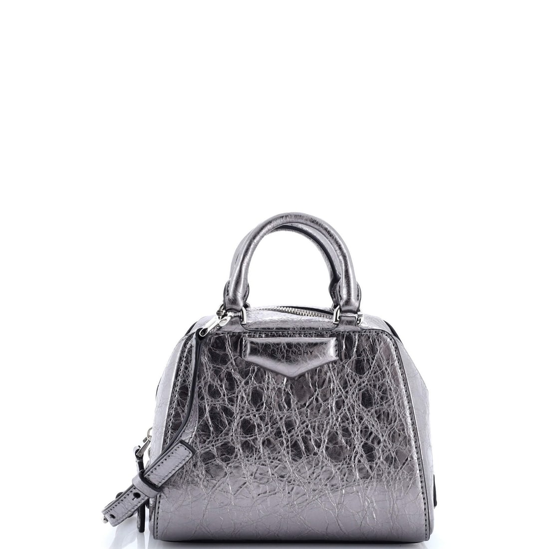Givenchy Antigona Cube Bag Leather Nano: Brand: Givenchy Exterior Material: Patent Leather Style: Cross Body Bags Exterior Color: Silver Size: Nano Measurements: Handle Drop 3", Height 8", Width 6.5", Depth 4", Strap Drop 17-19" Model: Antig