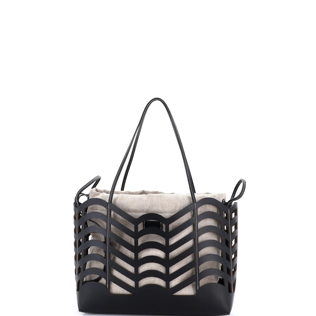 Chloe Kayan Tote Laser Cut Leather And Canvas Small: Brand: Chloe Exterior Material: Canvas Plain Leather Style: Totes Exterior Color: Black Size: Small Measurements: Height 10.5", Width 13.5", Depth 4" Model: Kayan Tote Laser Cut Leather and Canvas Sma