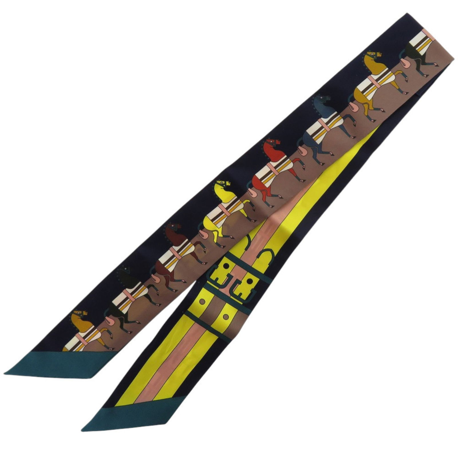Herms Twilly Rocabar Horse Print Scarf/Muffler In Silk Marine Jaune Vif Vert 0169 Hermes (1 of 3)