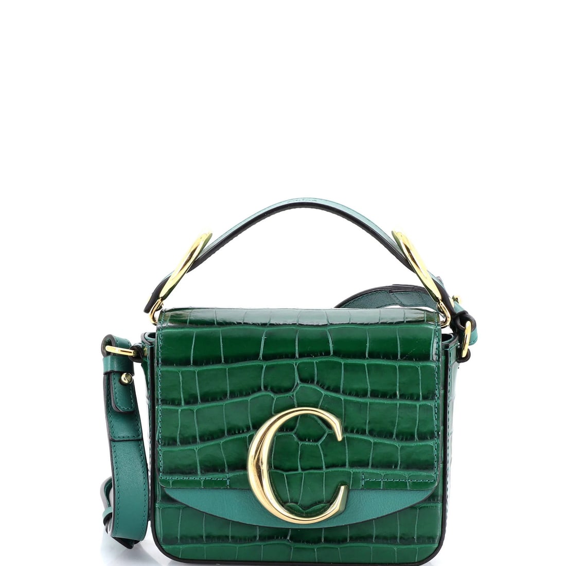 Chloe C Double Carry Bag Crocodile Embossed Leather Mini: Brand: Chloe Exterior Material: Leather Style: Shoulder Bags Exterior Color: Green Size: Mini Measurements: Handle Drop 2.5", Height 6", Width 6.5", Depth 2", Strap Drop 20-24" Model: C Double Carry B