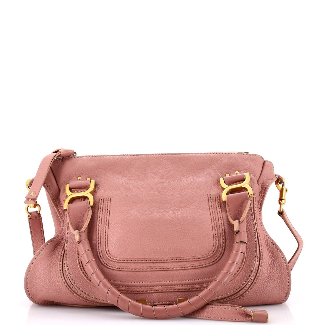 Chloe Marcie Satchel Leather Medium: Brand: Chloe Exterior Material: Leather Style: Satchels Exterior Color: Pink Size: Medium Accessories: With Strap Measurements: Handle Drop 6", Height 11", Width 13", Depth 5", Strap Drop 18.5" Model:
