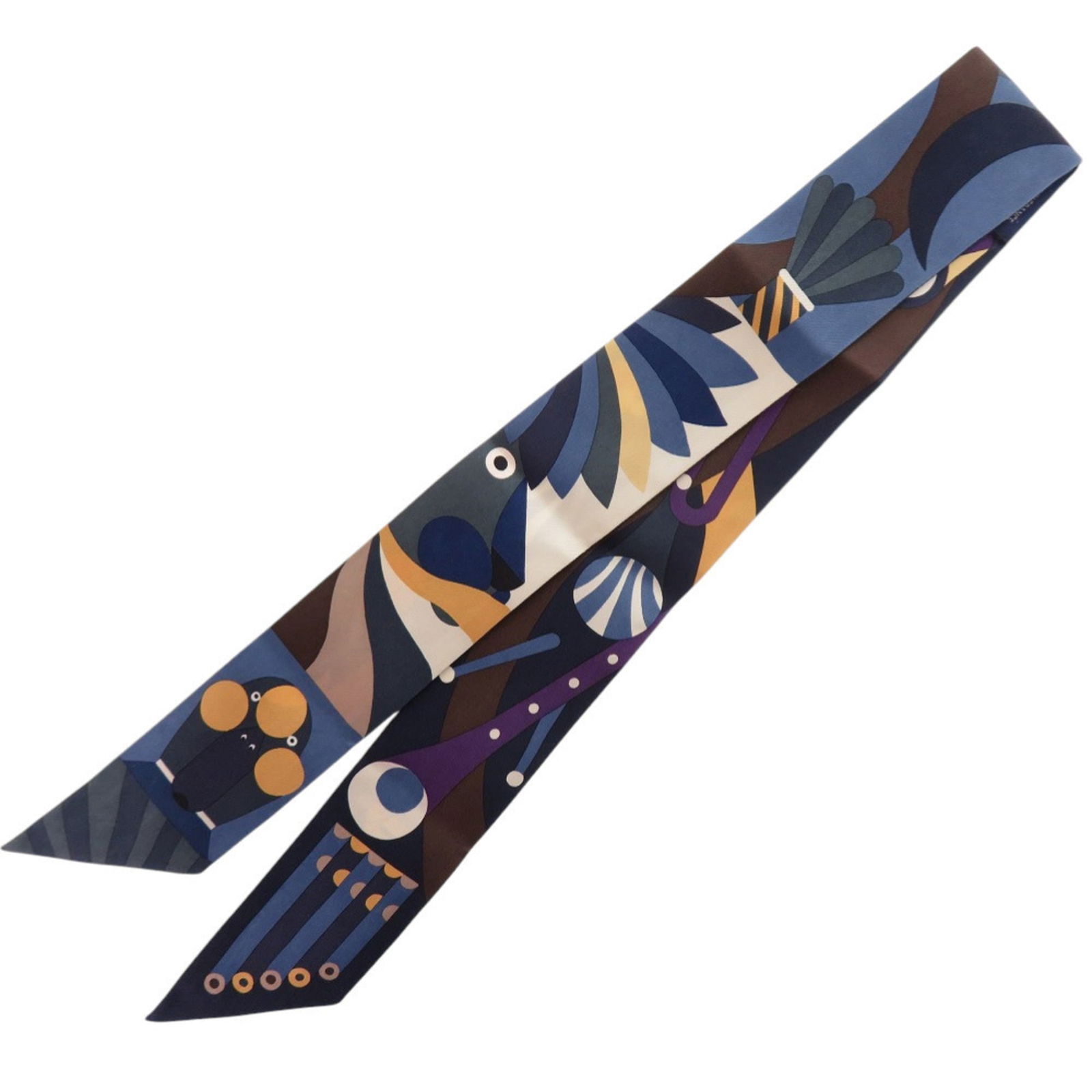 Herms Twilly "Parade En Fanfare" Silk Ardoise Blue Jean Beige Scarf Muffler 0154 Hermes (1 of 3)