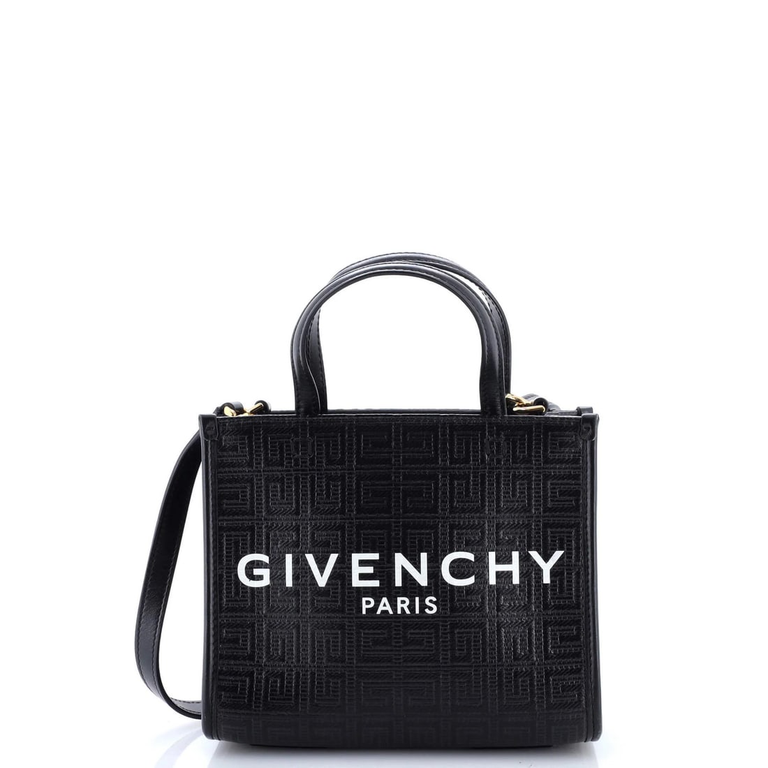 Givenchy G-Tote 4G Embossed Coated Canvas Mini: Brand: Givenchy Exterior Material: Canvas Coated Style: Totes Exterior Color: Black Size: Mini Measurements: Handle Drop 4", Height 6", Width 7.5", Depth 3.5", Strap Drop 21" Model: G-Tote 4G Embossed
