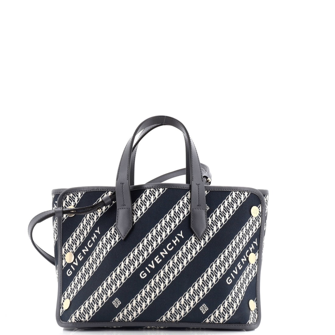 Givenchy Bond Shopper Tote Logo Jacquard Canvas Mini: Brand: Givenchy Exterior Material: Jacquard Style: Totes Exterior Color: Blue Size: Mini Measurements: Handle Drop 4", Height 7", Width 10", Depth 5", Strap Drop 21" Model: Bond Shopper Tote Logo Jacq