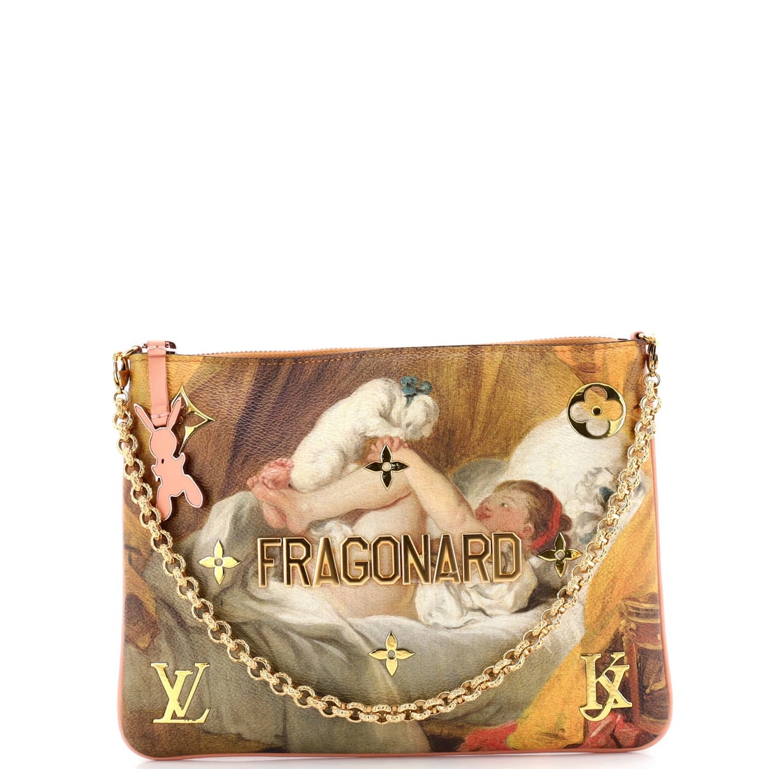 Louis Vuitton Pochette Clutch Limited Edition Jeff Koons Fragonard Print Canvas: Brand: Louis Vuitton Exterior Material: Canvas Coated Style: Clutches Exterior Color: Print Size: Unknown Accessories: With Strap Measurements: Handle Drop 7", Height 7.5", Width 9.5", Depth 1" Model: