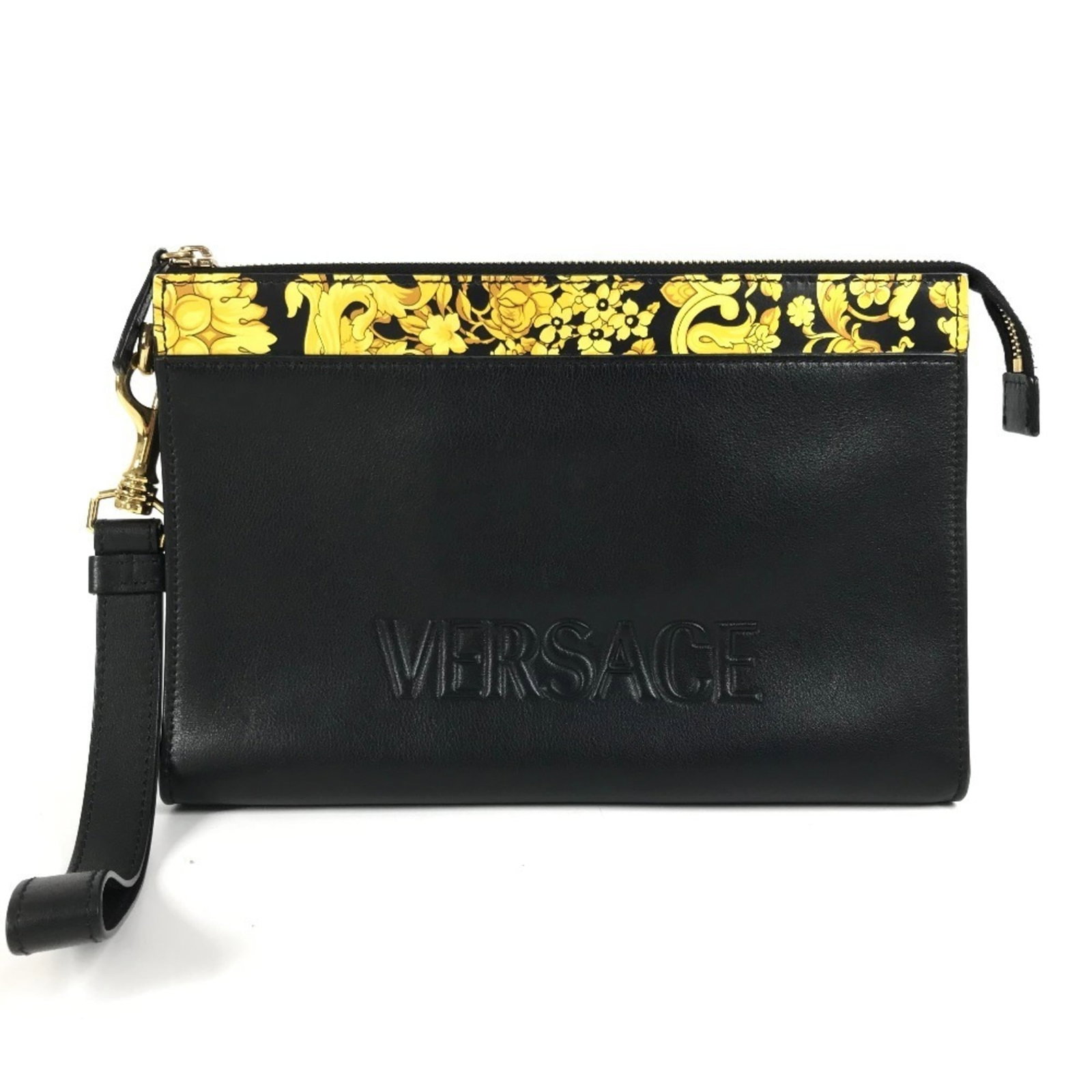 Versace Versace Logo Clutch Bag: Brand: Versace Type: Clutch Bag Material: Leather Color: Black, Yellow Gender: Men,Women Size (Hxwxd): 17cm x 26cm x 3.5cm / 6.69'' x 10.23'' x 1.37'' Condition: Used (good), A few traces of usage, so