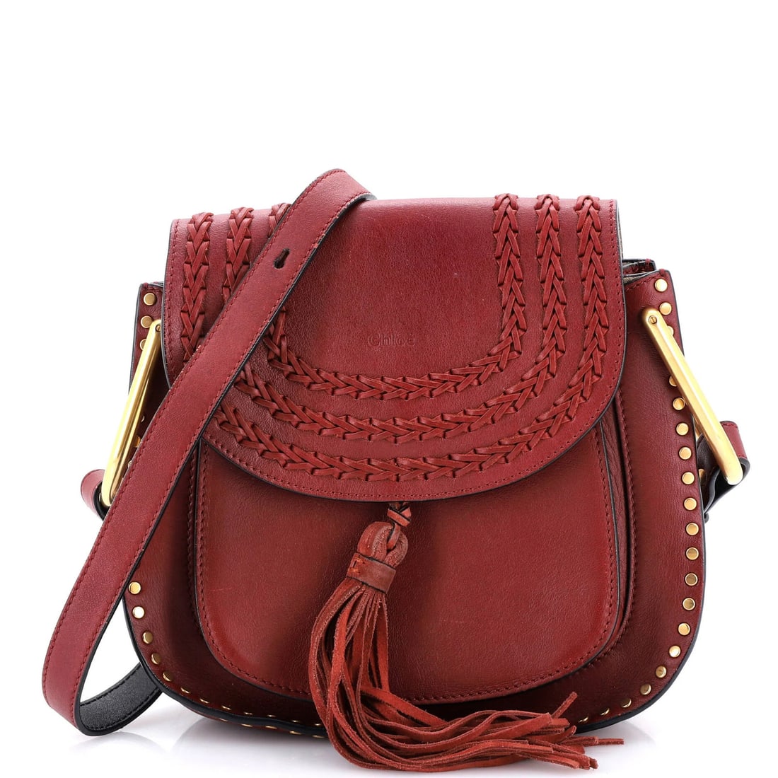 Chloe Hudson Handbag Whipstitch Leather Medium: Brand: Chloe Exterior Material: Leather Style: Cross Body Bags Exterior Color: Red Size: Medium Measurements: Handle Drop None", Height 9", Width 9", Depth 3", Strap Drop 11-21" Model: Hudson Handbag