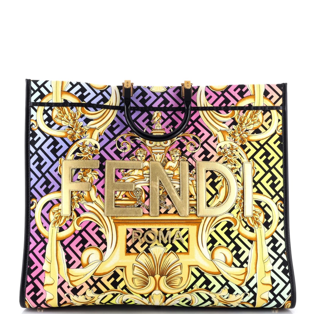 Versace X Fendi Fendace Sunshine Shopper Tote Printed Zucca Jacquard Large: Brand: Versace Exterior Material: Canvas Plain Leather Style: Totes Exterior Color: Print Size: Large Measurements: Height 16", Width 19", Depth 8" Model: x Fendi Fendace Sunshine Shopper Tote Printed