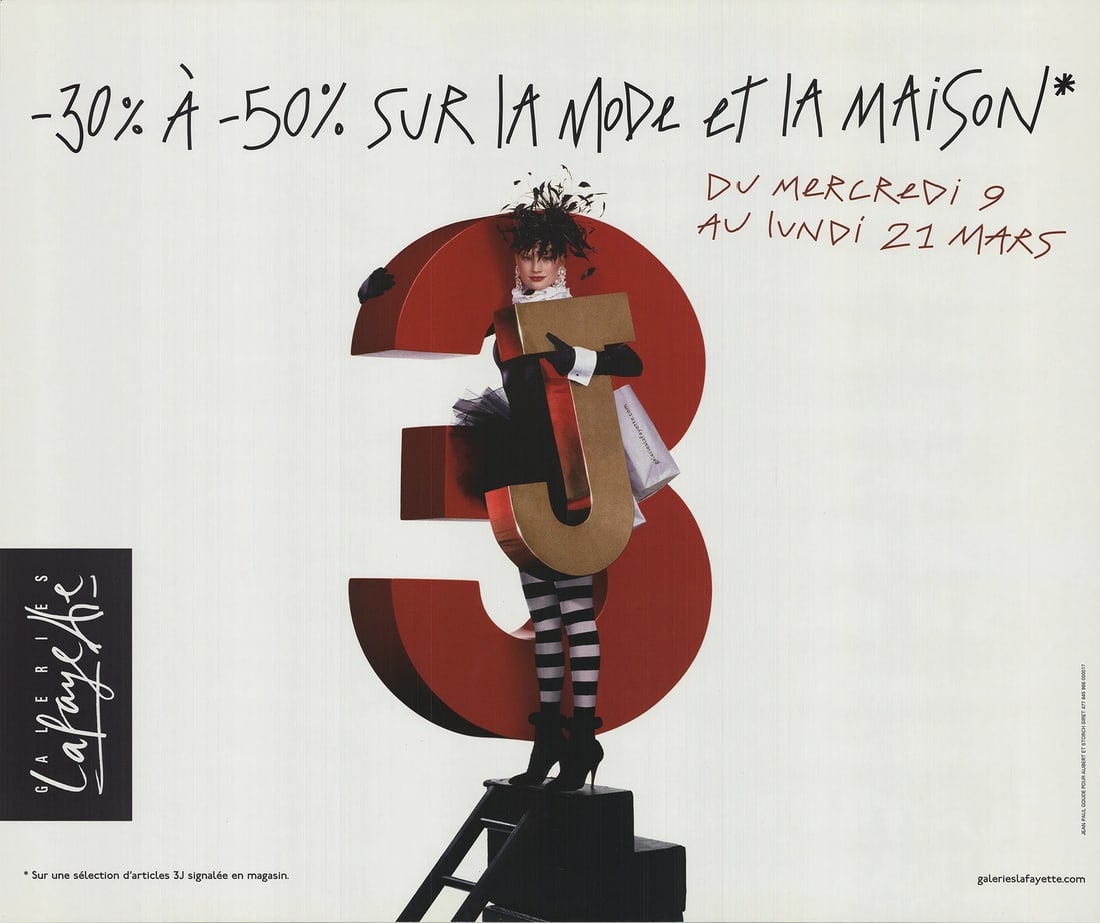 Jean-Paul Goude Galeries Lafayette " Offset Lithograph Vintage Whit: Artist: Jean-Paul Goude Brand: Goude Jean-Paul Height: 32.5 Item Height: 32.5 Item Width: 38.75 Subject: Advertising Type: Offset Lithograph Artist: Jean-Paul Goude Title: Galeries Lafayette Year: Unk