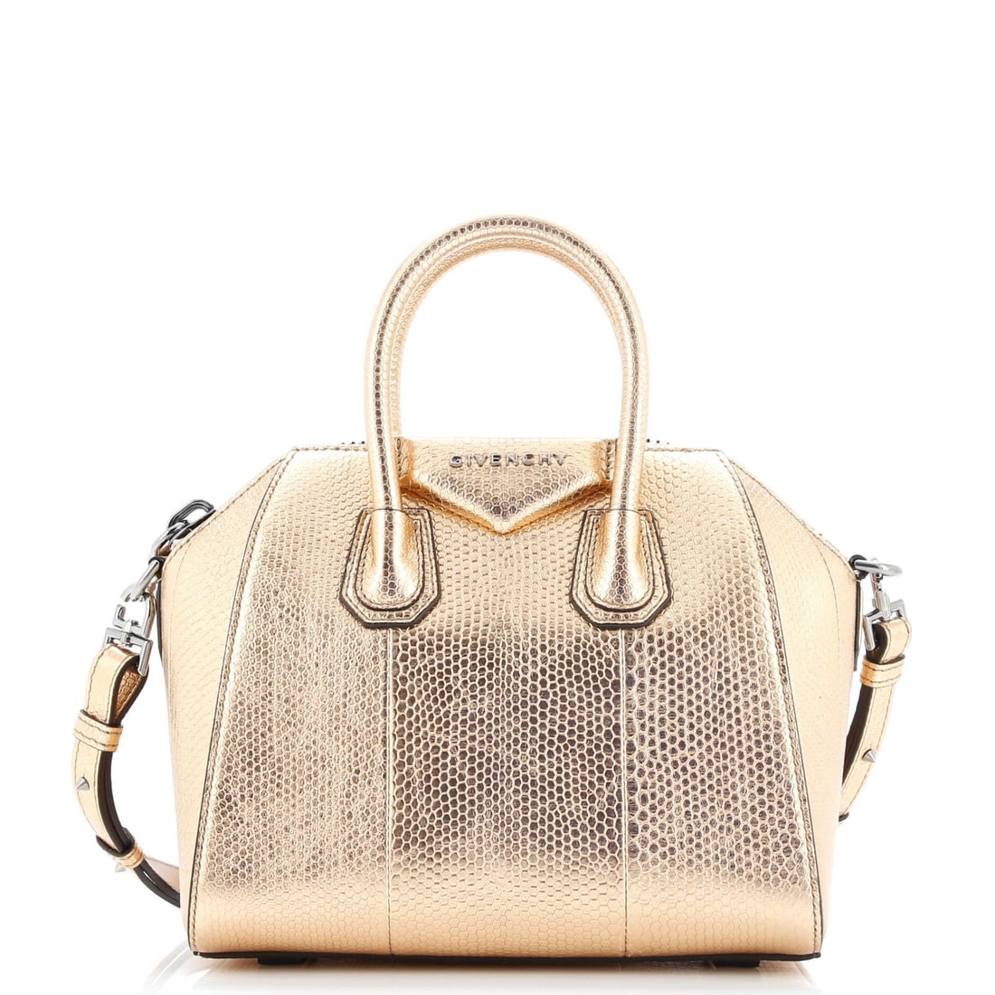 Givenchy Antigona Bag Snakeskin Embossed Leather Mini: Brand: Givenchy Exterior Material: Leather Style: Shoulder Bags Exterior Color: Metallic Size: Mini Measurements: Handle Drop 3", Height 8", Width 8.5", Depth 5", Strap Drop 18" Model: Antigona Bag Sn