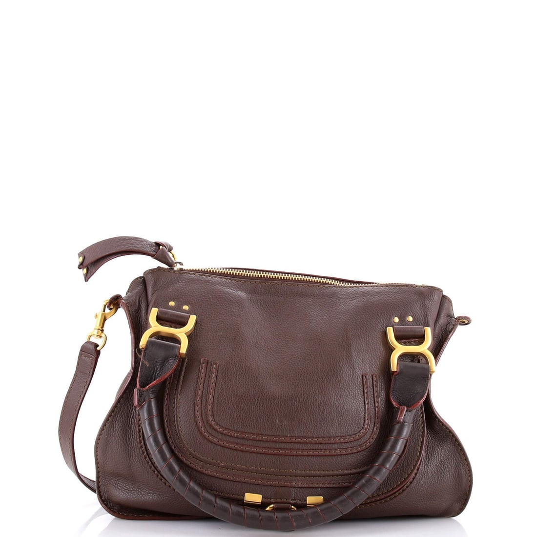 Chloe Marcie Satchel Leather Medium: Brand: Chloe Exterior Material: Leather Style: Satchels Exterior Color: Purple Size: Medium Accessories: With Strap Measurements: Handle Drop 6", Height 11", Width 14.5", Depth 5", Strap Drop 18.5" Mo