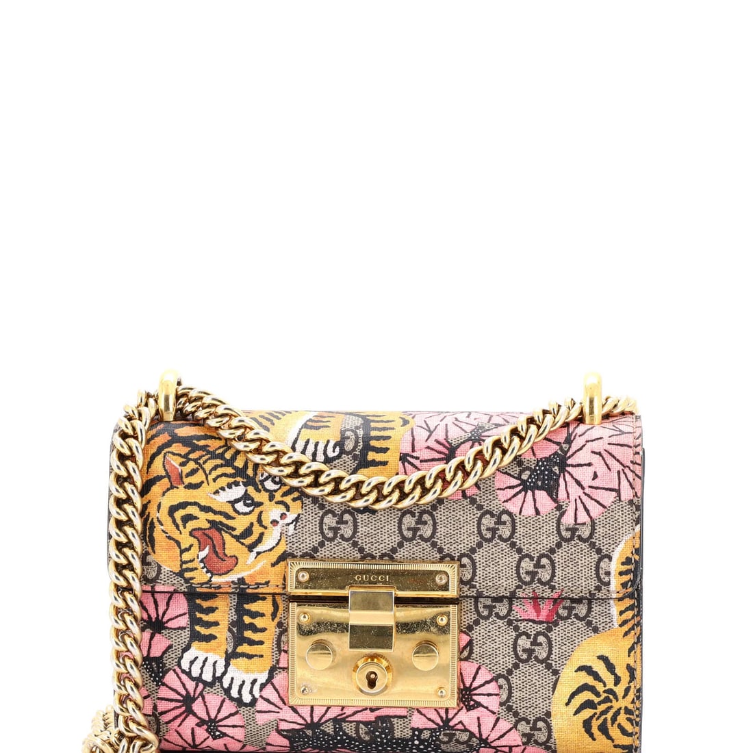 Gucci Padlock Shoulder Bag Bengal Print Gg Coated Canvas Small: Brand: Gucci Exterior Material: Canvas Coated Style: Shoulder Bags Exterior Color: Brown Size: Small Accessories: Keys Clochette Measurements: Handle Drop 11", Height 5", Width 7.5", Depth 3", Strap D