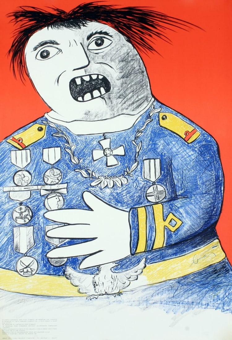 Enrico Baj Homme De Guerre " Lithograph Surrealism Blue Red Man War (1 of 1)