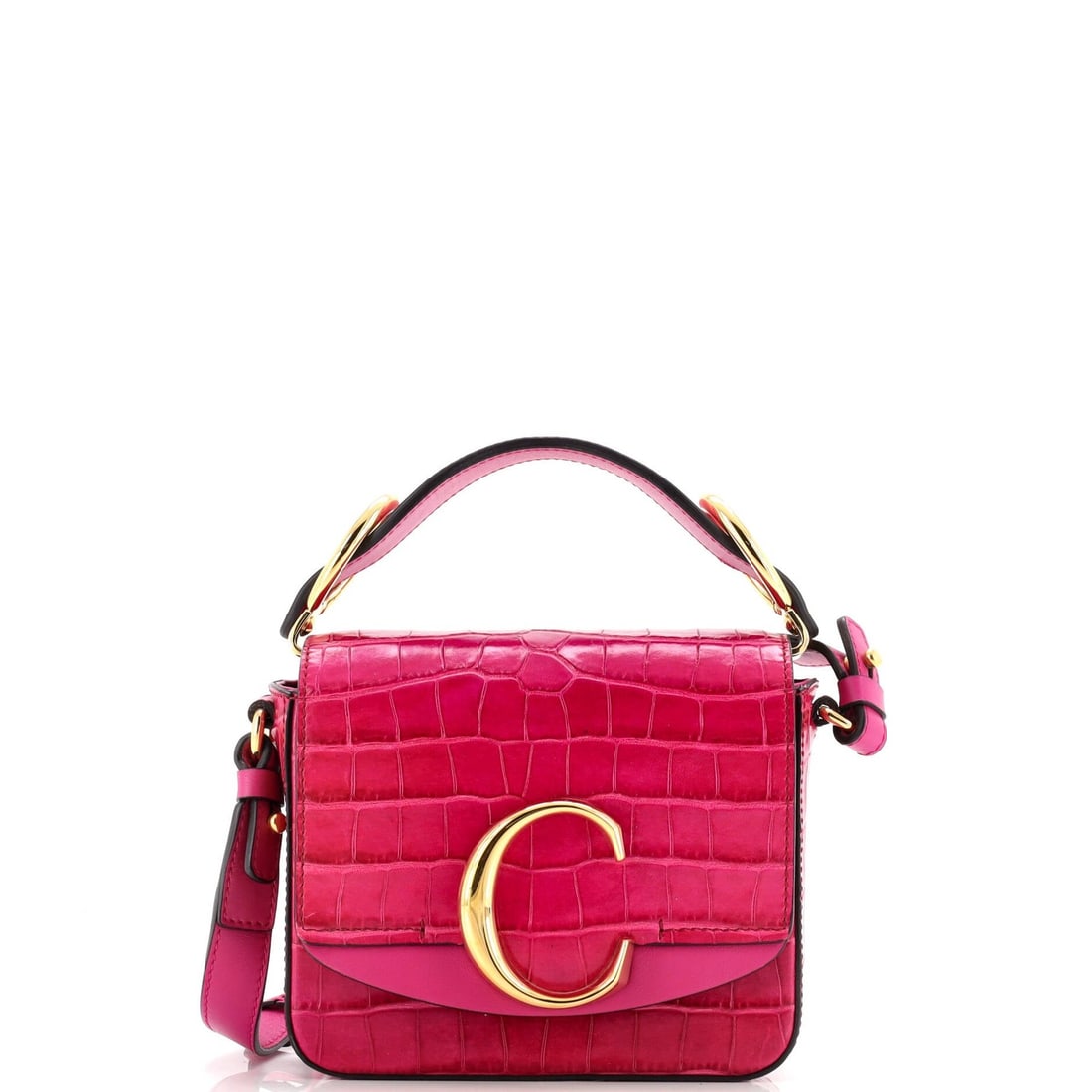 Chloe C Double Carry Bag Crocodile Embossed Leather Mini: Brand: Chloe Exterior Material: Leather Style: Shoulder Bags Exterior Color: Pink Size: Mini Accessories: With Strap Measurements: Handle Drop 2.5", Height 6", Width 6", Depth 2", Strap Drop 20-24" Mo