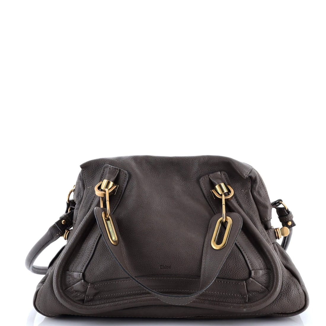 Chloe Paraty Top Handle Bag Leather Medium: Brand: Chloe Exterior Material: Leather Style: Satchels Exterior Color: Gray Size: Medium Accessories: With Strap Measurements: Handle Drop 6", Height 9.5", Width 14", Depth 5.5", Strap Drop 14" Model