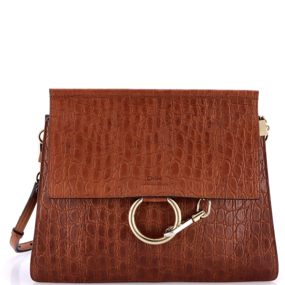 Chloe Faye Shoulder Bag Crocodile Embossed Leather Medium: Brand: Chloe Exterior Material: Leather Style: Shoulder Bags Exterior Color: Brown Size: Medium Accessories: With Strap Measurements: Height 8.5", Width 12.5", Depth 3", Strap Drop 11.5-16" Model: Fay