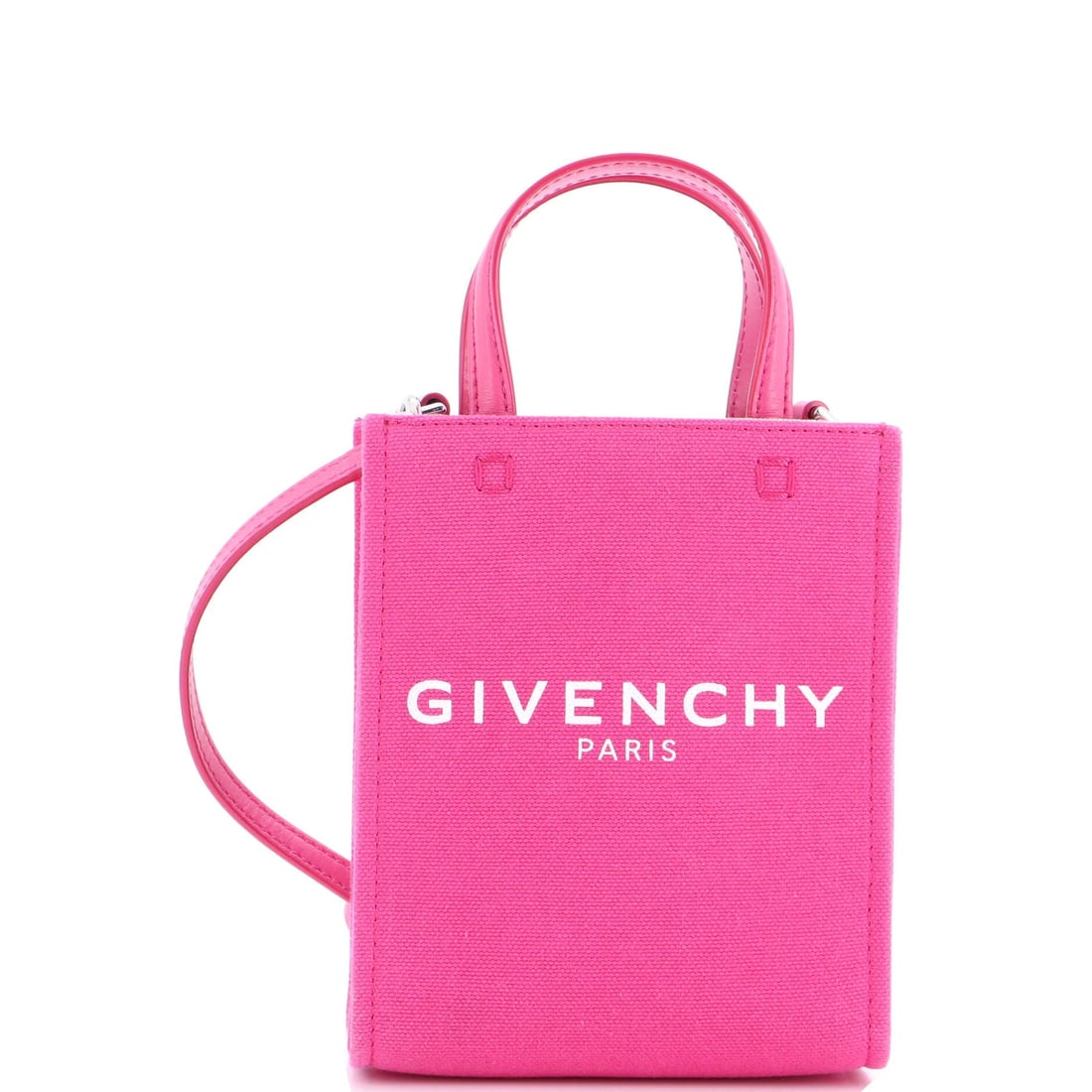 Givenchy Vertical G-Tote Canvas Mini: Brand: Givenchy Exterior Material: Canvas Plain Style: Totes Exterior Color: Pink Size: Mini Measurements: Height 5.5", Width 5.5", Depth 1" Model: Vertical G-Tote Canvas Mini Exterior Material: Canva