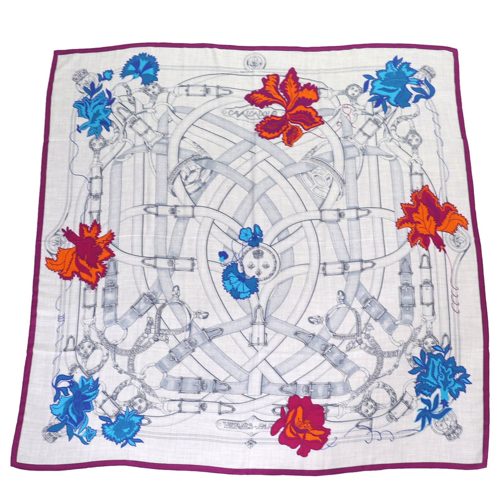Hermes Cavalcadour Fleuri Ruffled Cashmere And Silk Shawl/Scarf: Brand: Hermes Type: Shawl Gender: Women Color: Blue, Gray, Purple Material: Cashmere 70%, Silk 30% Size (Lxw): 1.36m x 1.35m / 53.54'' x 53.14'' Condition: Used (like new), Mint condition, like new it