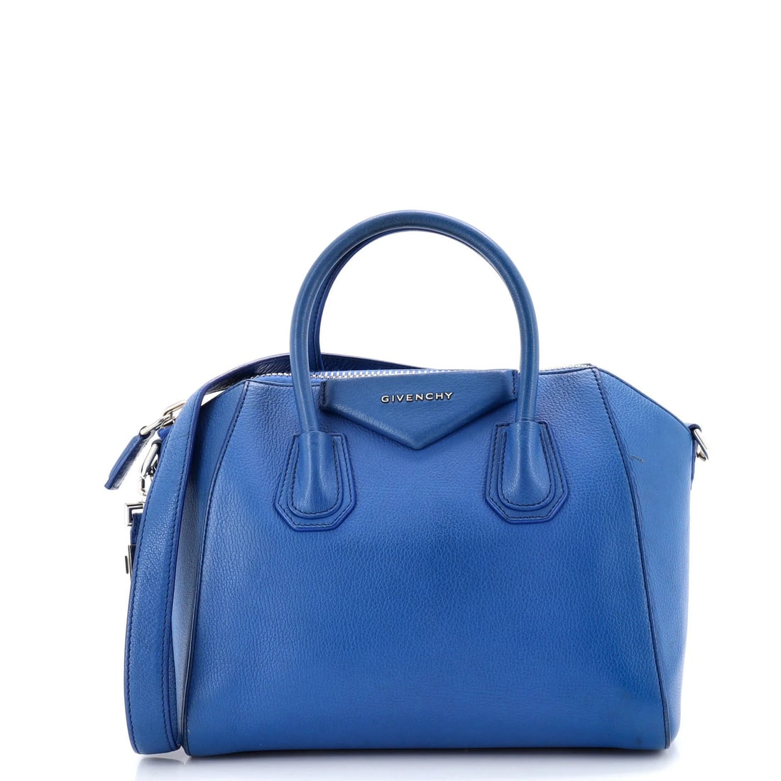 Givenchy Antigona Bag Leather Small: Brand: Givenchy Exterior Material: Leather Style: Satchels Exterior Color: Blue Size: Small Measurements: Handle Drop 4", Height 9", Width 11", Depth 6.5", Strap Drop 11" Model: Antigona Bag Leather S