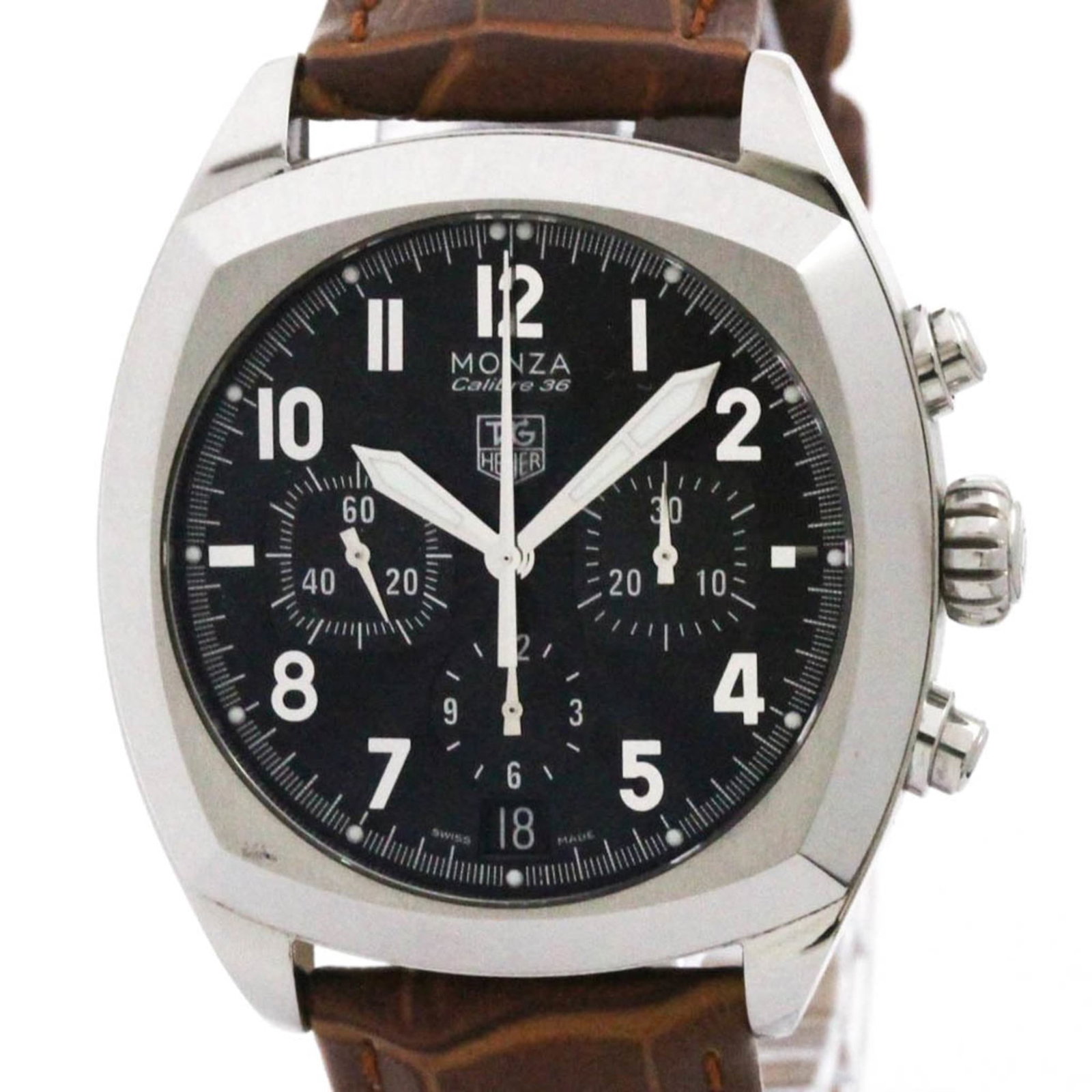 Tag Heuer Monza Calibre 36 Steel Automatic: Brand: Tag Heuer Type: Wristwatch Style: Sport Gender: Men Material (Case): Stainless Steel Material (Band): Leather Color (Dial): Black Case Diameter: 38mm / 1.5'' Condition: Used (very good), A few