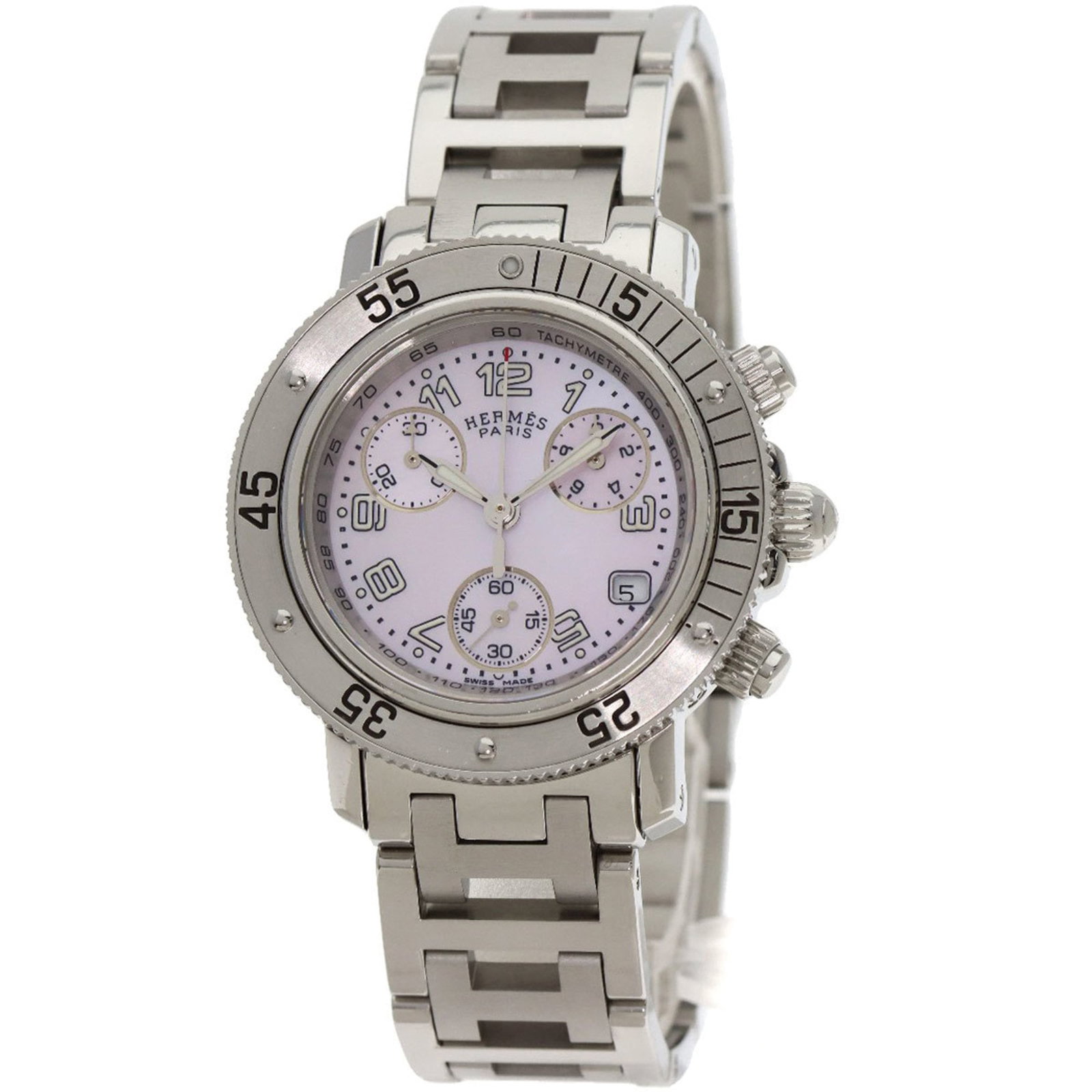 Herms Cl2.310 Clipper Diver Chronograph Watch With New Buckle: Brand: Hermes Type: Wristwatch Gender: Men Material (Case): Stainless Steel Material (Band): Stainless Steel Color (Dial): Pink Shell Case Diameter: 33mm / 1.3'' Case Thickness: 10.6mm / 0.42'' Wrist