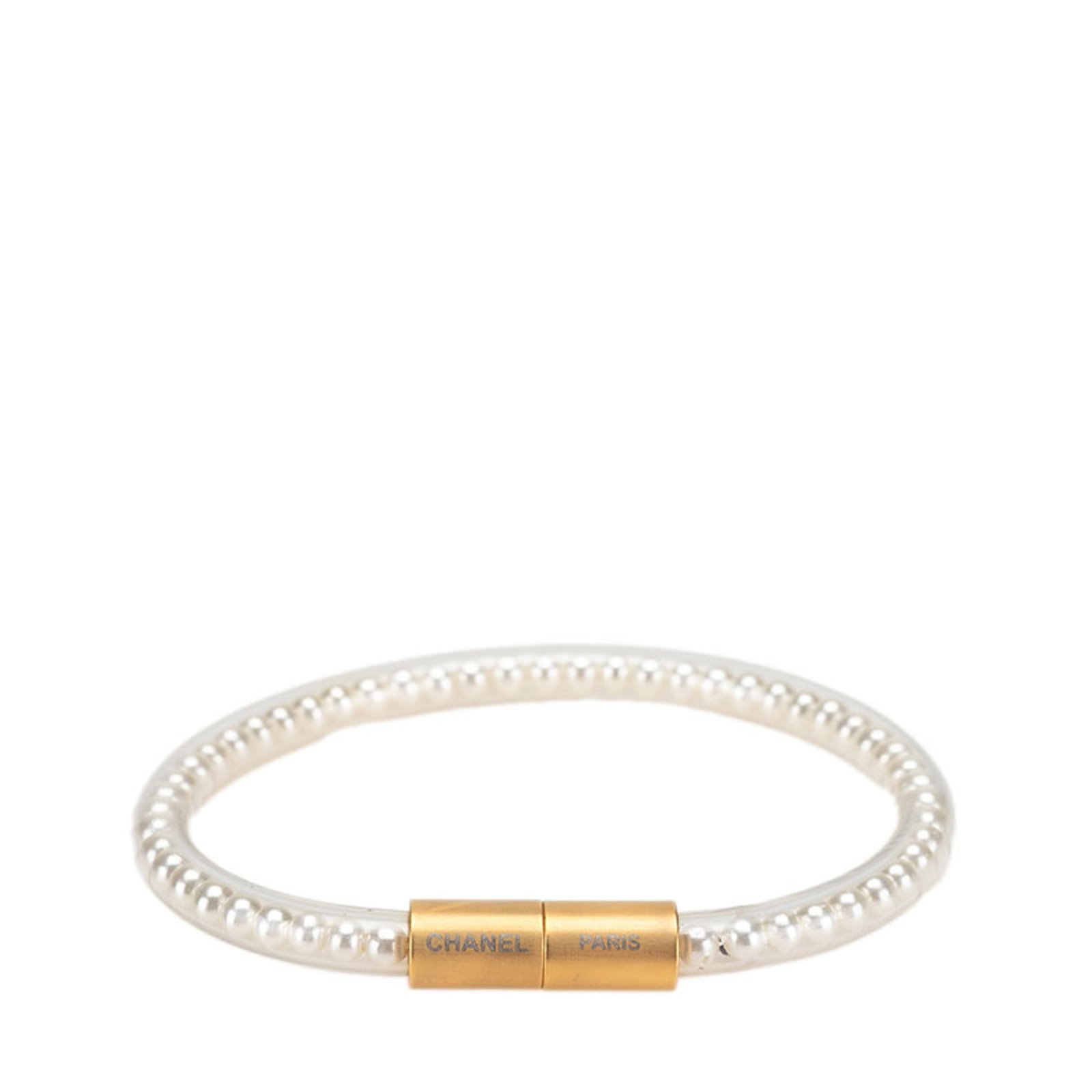 Chanel Magnetic Tube Bracelet: Brand: Chanel Type: Charm Bracelet Gender: Women Material: Gold Plating, Vinyl Color: Clear, Gold Stone: Artificial Pearl Length: 20.5cm / 8.07'' Condition: Used (good), Traces of usage, scratches / d