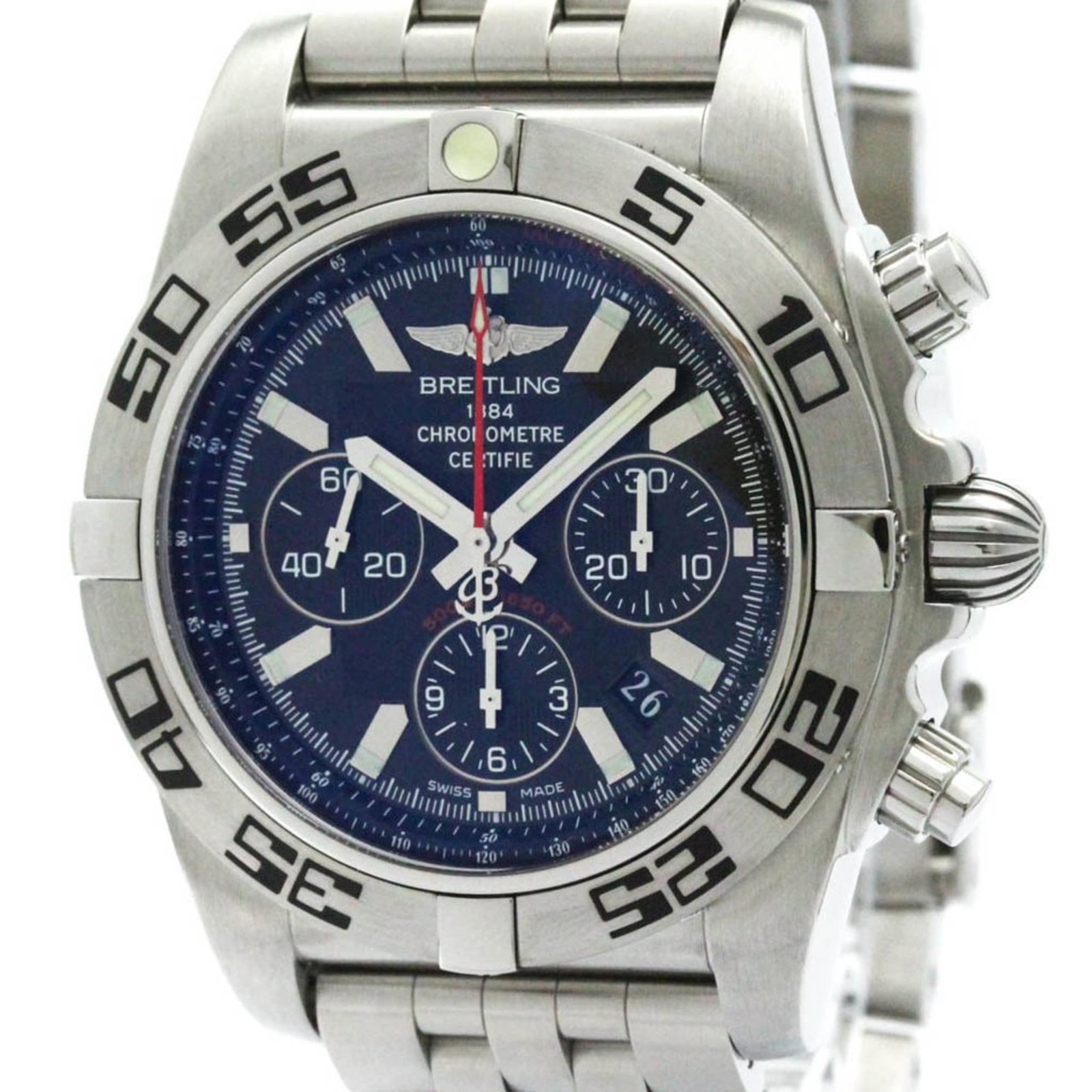 Polished Breitling Chronomat 44 Frying Fish Steel: Brand: Breitling Type: Wristwatch Style: Sport Gender: Men Material (Case): Stainless Steel Material (Band): Stainless Steel Color (Dial): Black Case Diameter: 44mm / 1.73'' Condition: Used (very good