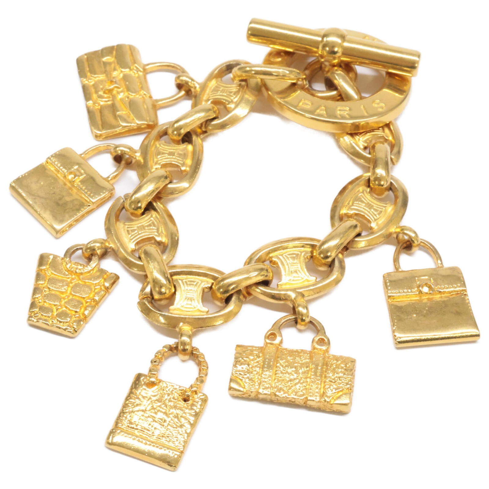 Celine Bag Motif Charm Macadam Bracelet Gold: Brand: Celine Type: Charm Bracelet Gender: Women Material: Metal Color: Gold Length: 21.5cm / 8.46'' Condition: Used (good), Traces of usage, scratches / dirt can be seen but generally in good conditi