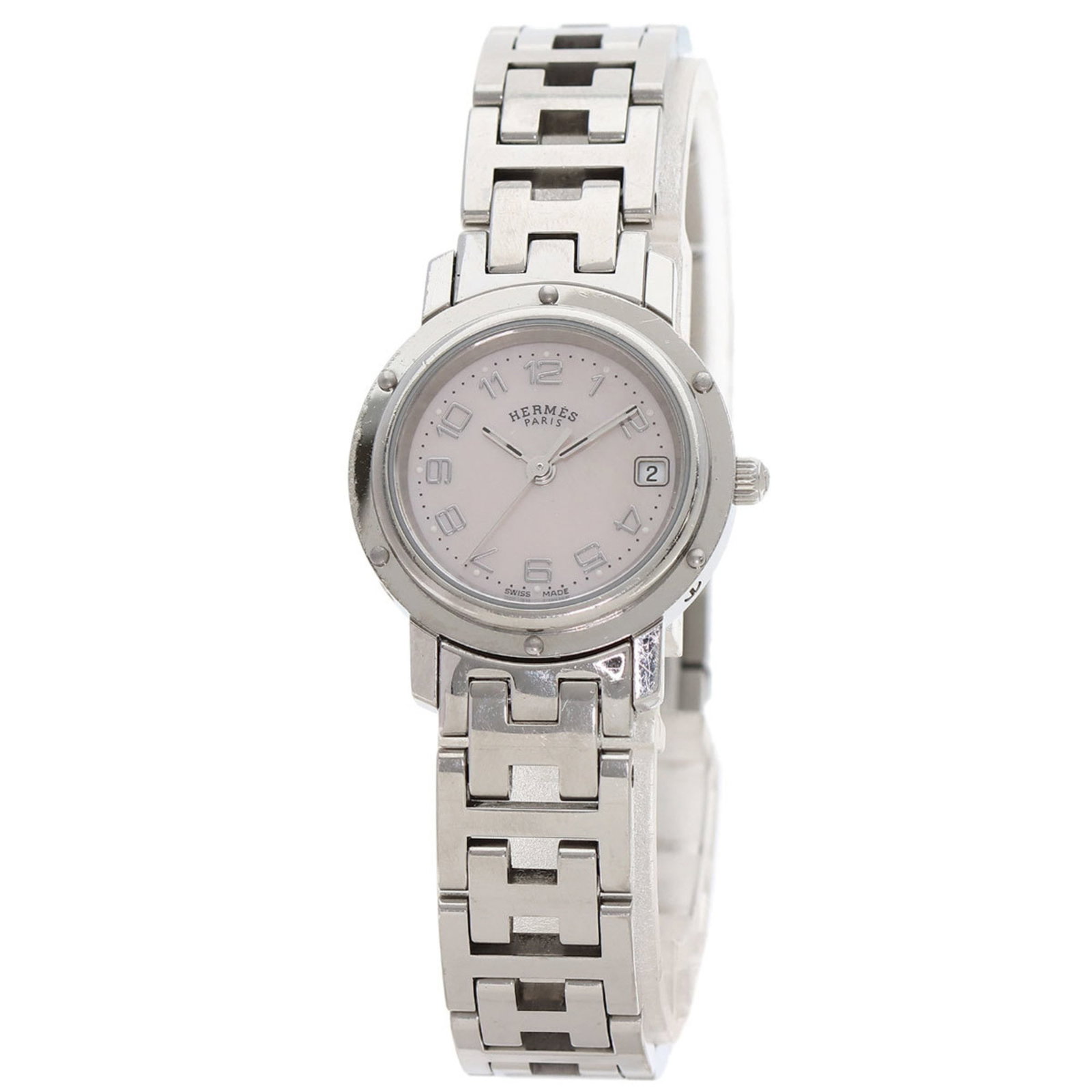 Herms Cl4.210 Clipper Nakre New Buckle Watch Stainless Steel/Ss: Brand: Hermes Type: Wristwatch Gender: Women Display: Analog Material (Case): Stainless Steel Material (Band): Stainless Steel Color (Dial): Pink Shell Case Diameter: 24mm / 0.94'' Case Thickness: 6.1