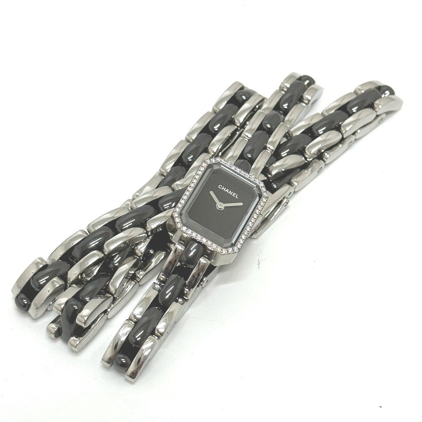 Chanel Premiere Triple Bracelet Watch H3058 With Diamond Bezel: Brand: Chanel Type: Wristwatch Gender: Women Display: Analog Material (Case): Stainless Steel Material (Band): Ceramic, Stainless Steel Color (Dial): Black Case Diameter: 15mm / 0.59'' Case Thickness: