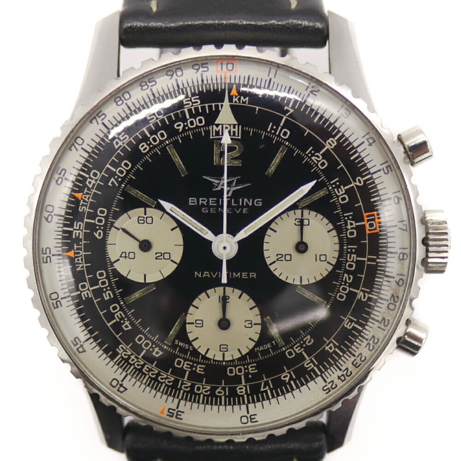 Breitling Navitimer 806 Manual Winding Watch: Brand: Breitling Type: Wristwatch Gender: Men Material (Case): Stainless Steel Material (Band): Leather Color (Dial): Black Crystal Type: Plastic Case Diameter: 41mm / 1.61'' Case Thickness: 13.5mm /