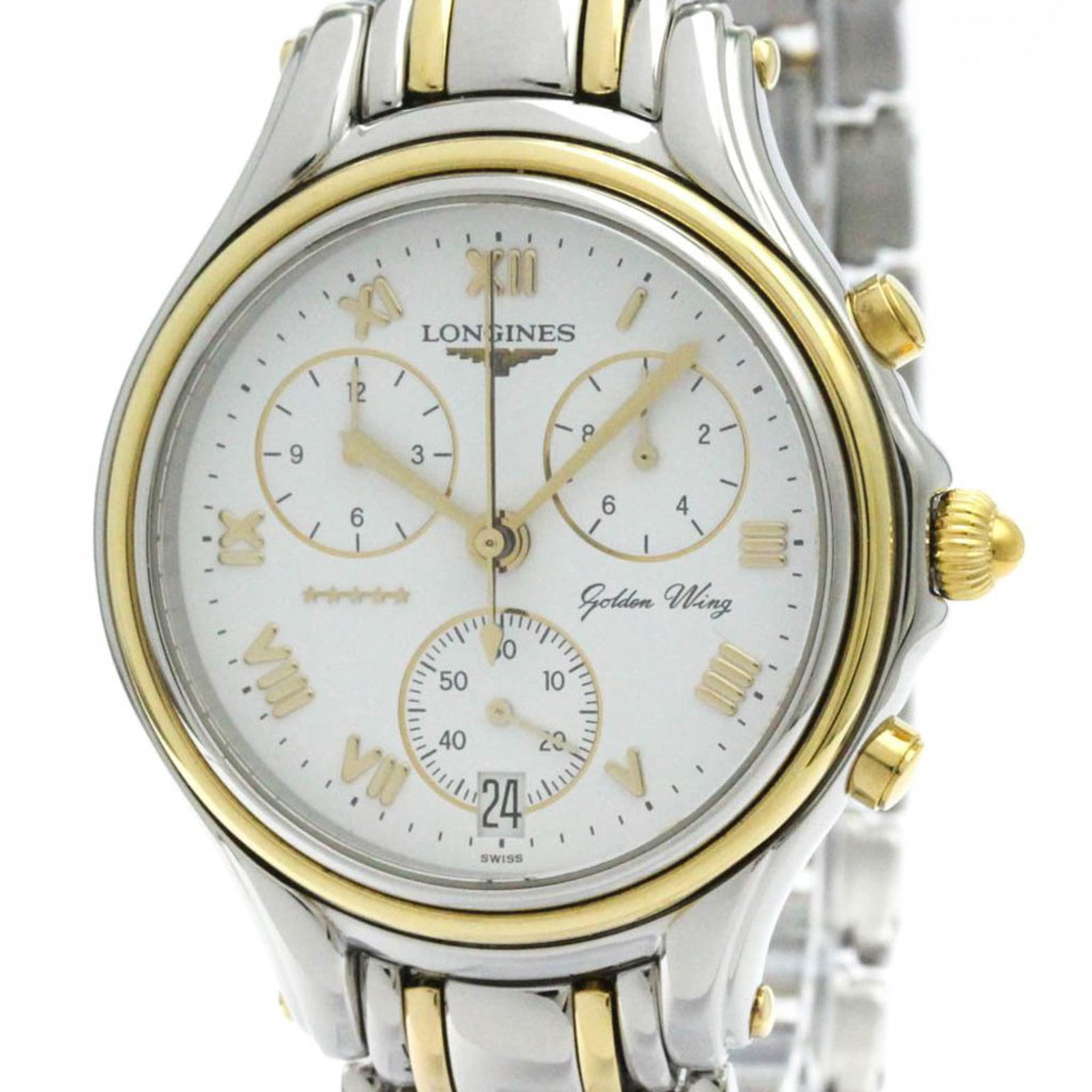 Longines Goldern Wing Chronograph Gold Plated Steel Watch L3.610.5 Bf578757: Brand: Longines Type: Wristwatch Style: Sport Gender: Men Material (Case): Gold Plated, Stainless Steel Material (Band): Gold Plated, Stainless Steel Color (Dial): White Case Diameter: 38mm / 1.5'' Co