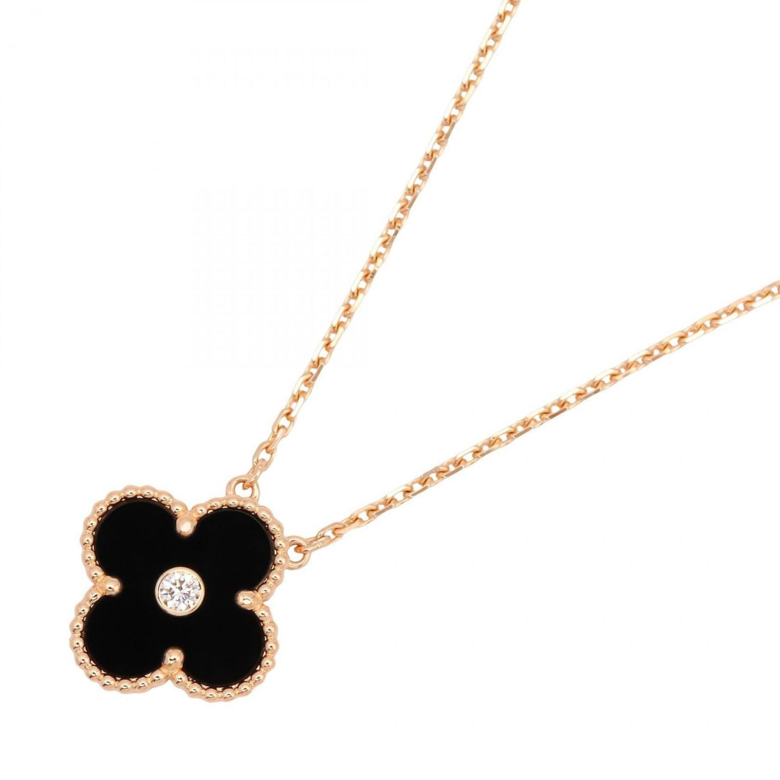 Van Cleef & Arpels Vintage Alhambra Necklace: Brand: Van Cleef & Arpels Necklace Type: Necklace Gender: Women Material: Pink Gold (18K) Color: Black, Clear, Gold Neck Circumference: 41 cm - 45.5 cm / 16.14'' - 17.91'' Pendant Size: 14.6mm x 14.6m