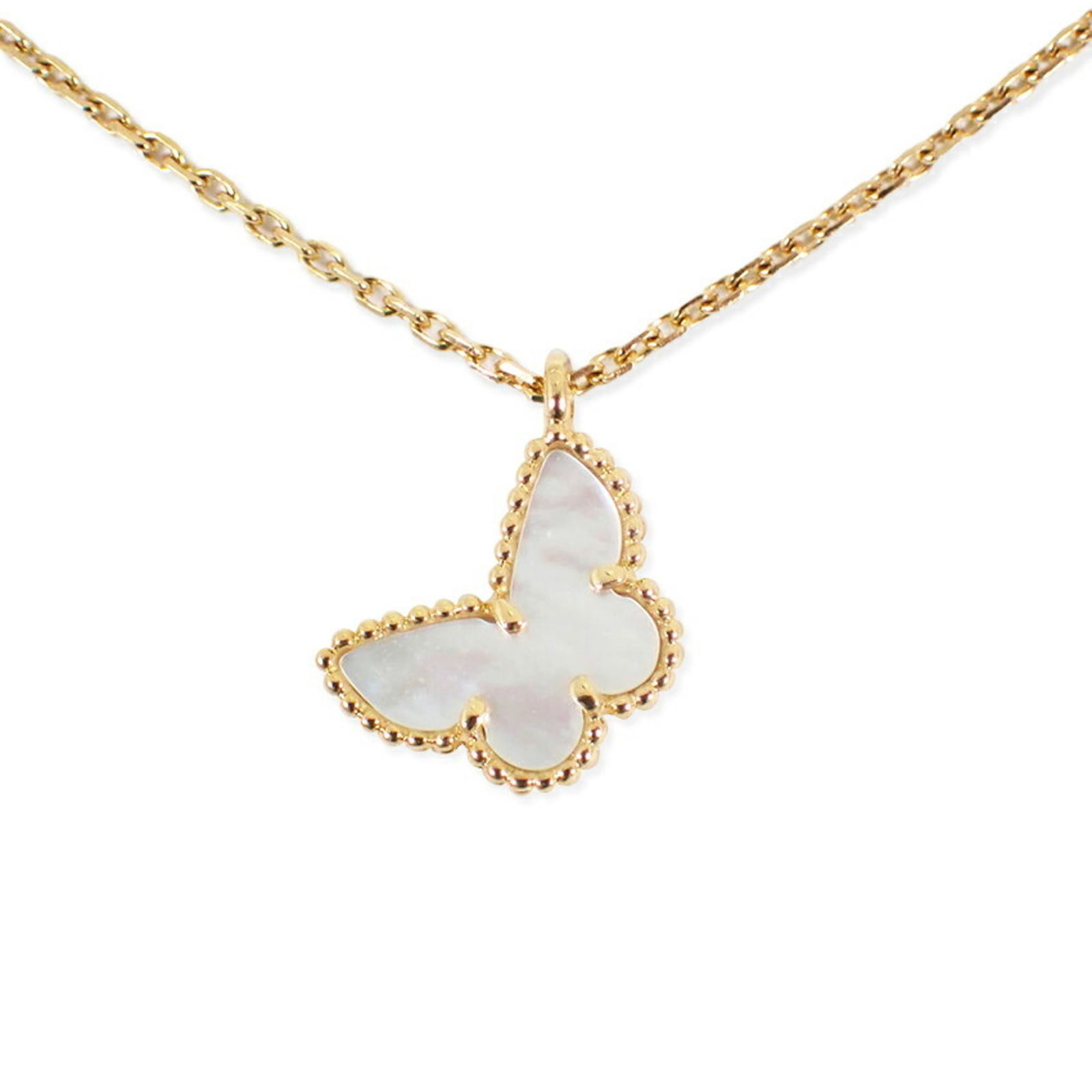 Van Cleef & Arpels 750 Yellow Gold Sweet Alhambra Shell Papillon Necklace: Brand: Van Cleef & Arpels Necklace Type: Necklace Gender: Women Material: Yellow Gold (18K) Neck Circumference: 40 cm / 15.74'' Pendant Size: 8.5mm x 10.8mm / 0.33'' x 0.42'' Condition: Used (like new
