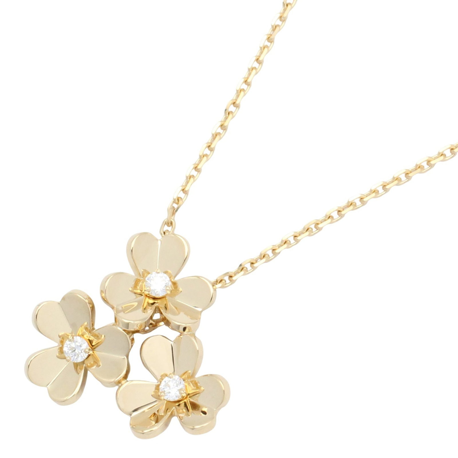Van Cleef & Arpels Frivole 3-Flower 3-Piece Diamond Necklace In 18K Yellow Gold With Diamonds: Brand: Van Cleef & Arpels Necklace Type: Necklace Gender: Women Material: Yellow Gold (18K) Color: Clear, Yellow Stone: Diamond Weight: 6.6g / 0.23oz. Neck Circumference: 41.5 cm / 16.33'' Stone Size