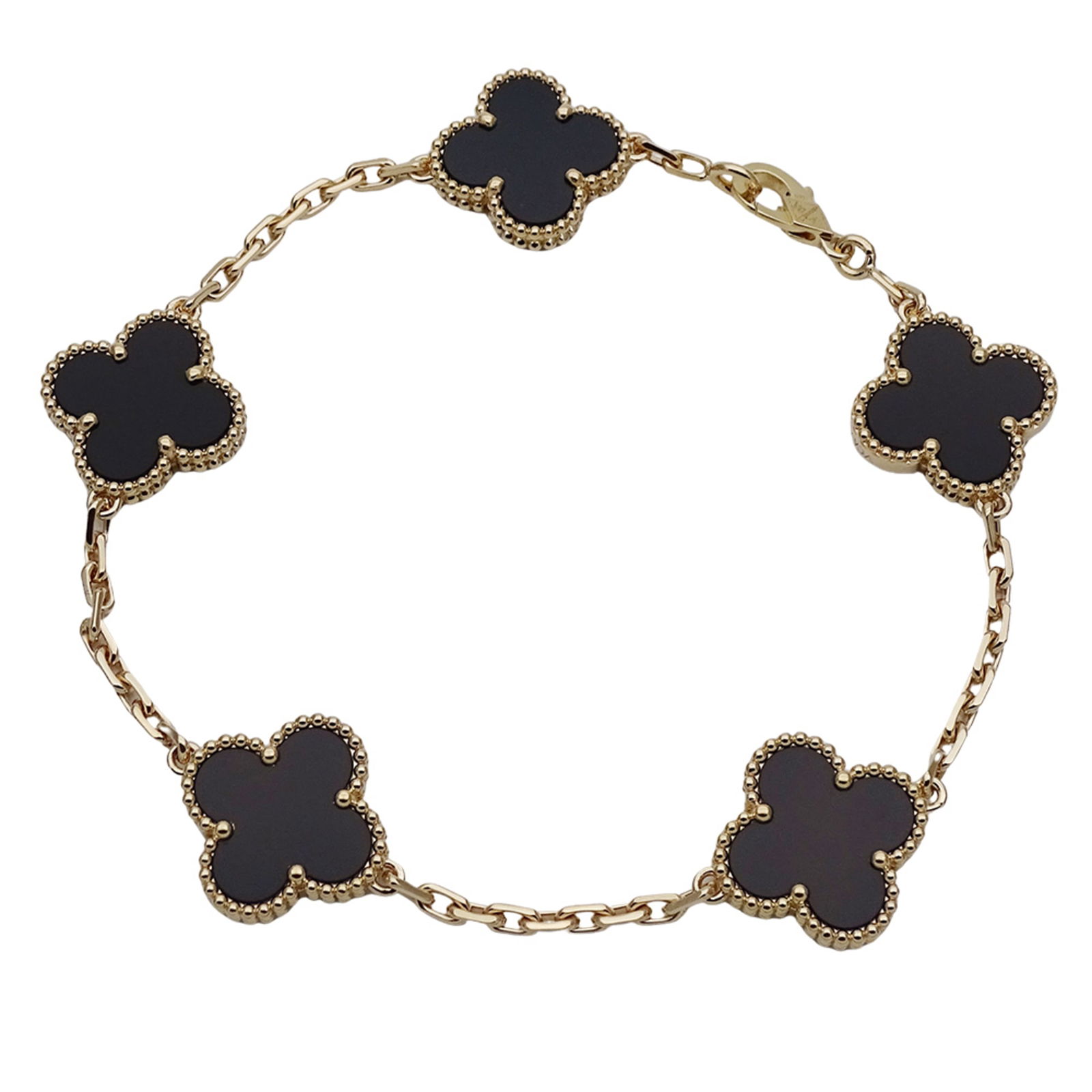 Van Cleef & Arpels Vintage Alhambra Bracelet For Women: Brand: Van Cleef & Arpels Type: Charm Bracelet Gender: Women Material: Yellow Gold (18K) Color: Black, Yellow Gold Length: 18.5cm / 7.28'' Condition: Used (like new), Hardly any traces of usage nice i