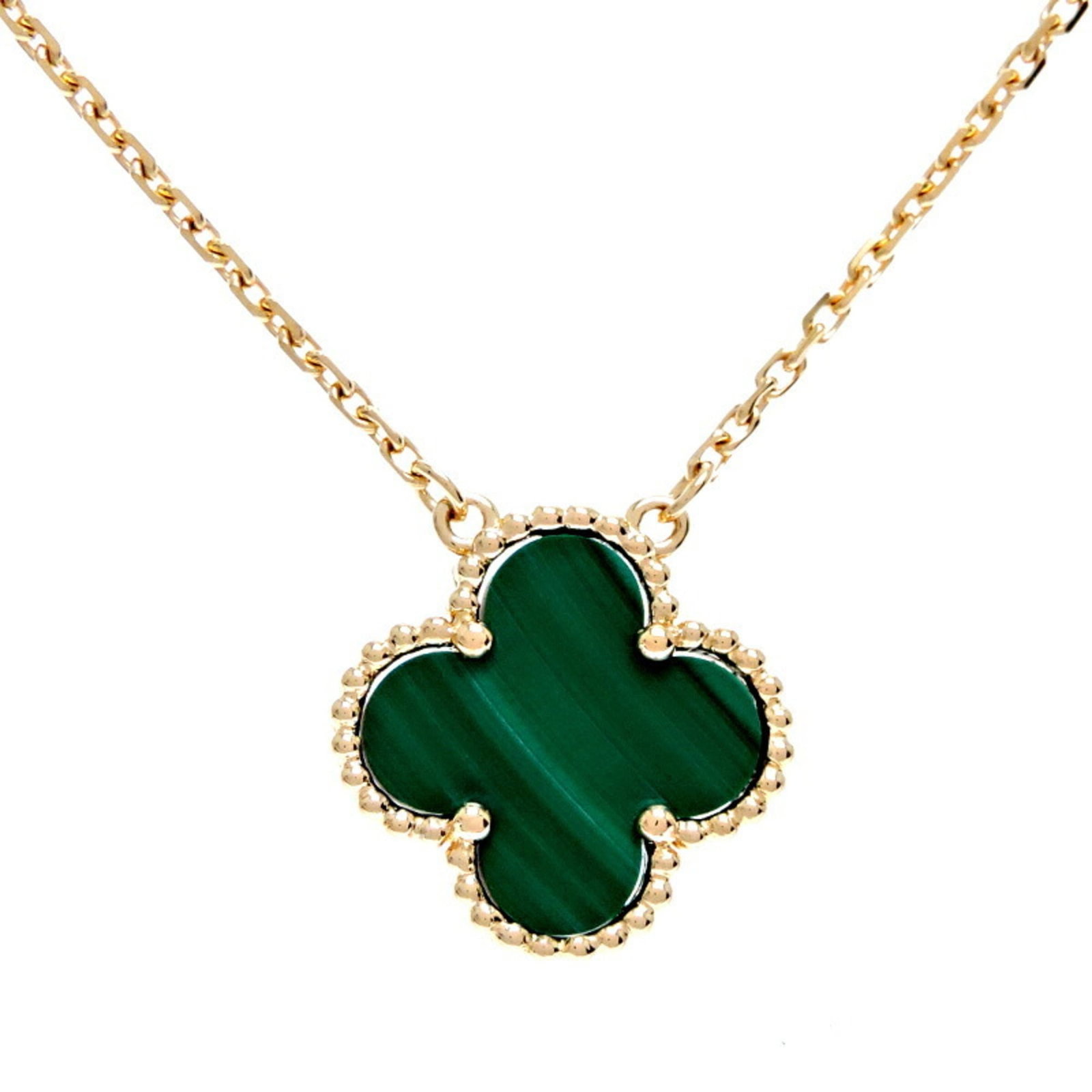 Van Cleef & Arpels Alhambra Malachite Pendant Necklace For Women: Brand: Van Cleef & Arpels Necklace Type: Necklace Gender: Women Material: Yellow Gold (18K) Color: Green, Yellow Neck Circumference: 14.8 cm / 5.82'' Condition: Used (very good), A few traces of usage