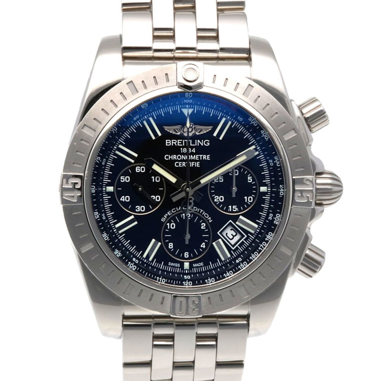 Breitling Chronomat 44 Watch: Brand: Breitling Type: Wristwatch Gender: Men Material (Case): Stainless Steel Material (Band): Stainless Steel Color (Dial): Black Case Diameter: 44mm / 1.73'' Wrist Size: 19.5cm / 7.67'' Weight: 224