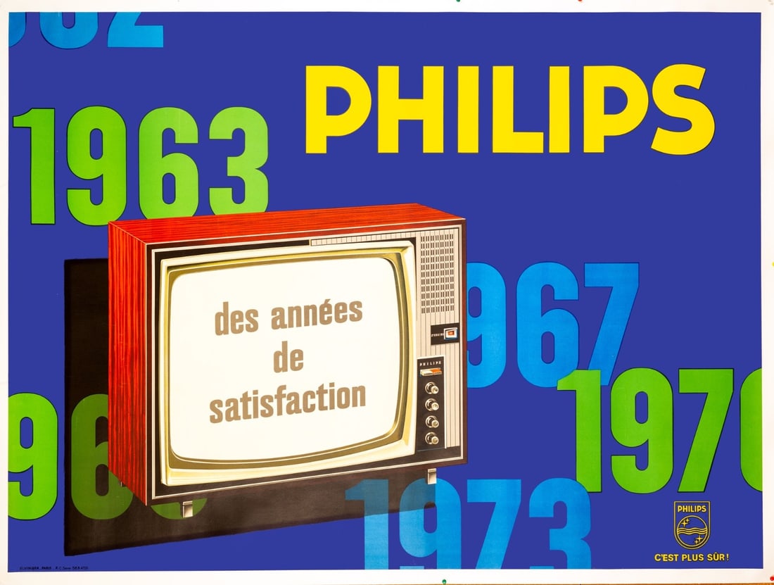 Philips 19631973 Original French Television Poster Elvinger Paris Lithograph: Country Of Origin: France Unit Of Sale: Single Piece Artist: Elvinger Paris Size: Large Date Of Creation: 1973 Title: Philips des annees de satisfaction Material: Canvas Paper Certificate Of Authentic