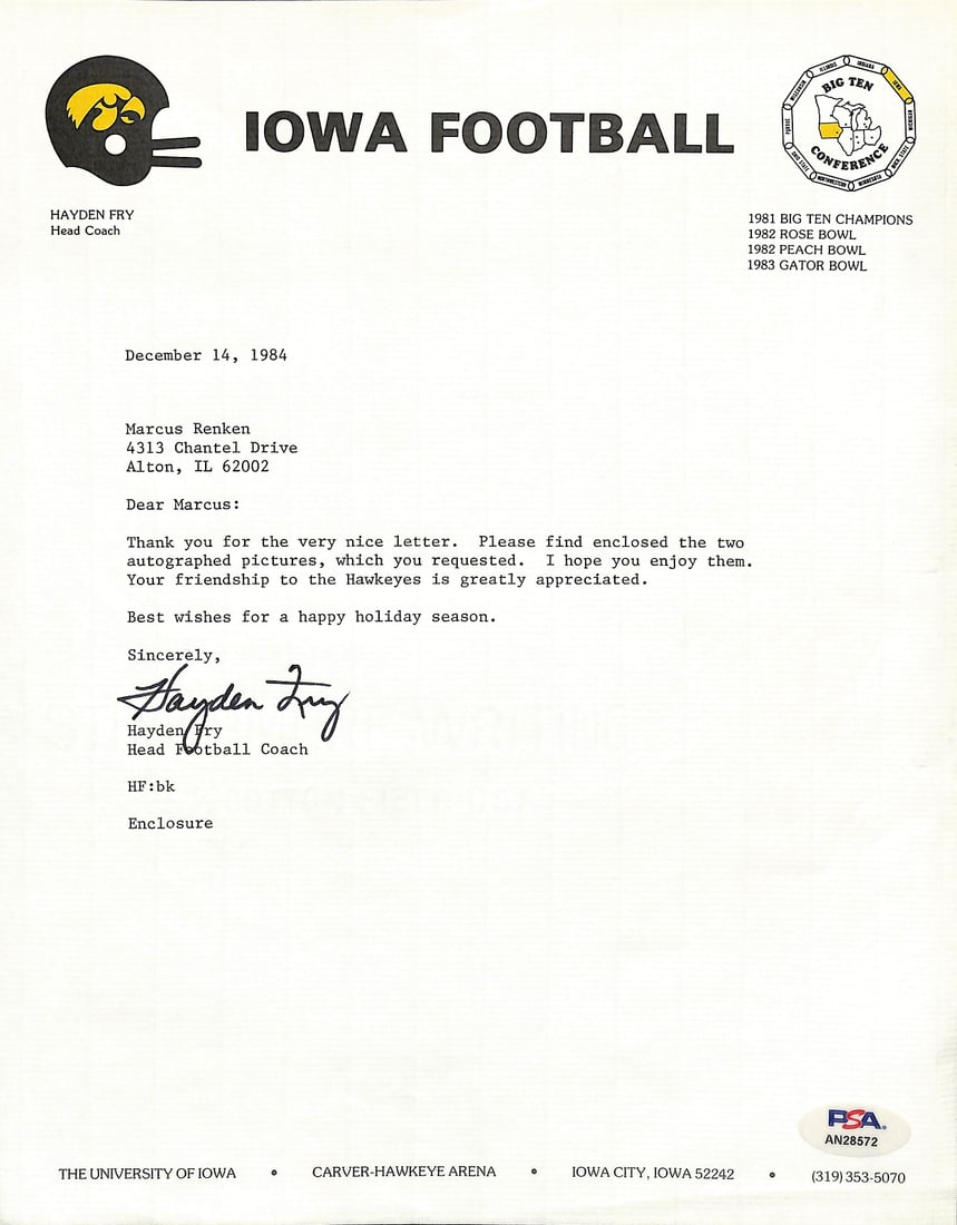 Hayden Fry Football Coach Signed Tls Letter University Of Iowa Psa/Dna 185266: Original/Reprint: Original Product: TLS Letter Sport: Football Signed: YES Product Disclaimer: Not affiliated with any team or league. Signatures are unverified unless a certificate is stated. For inq