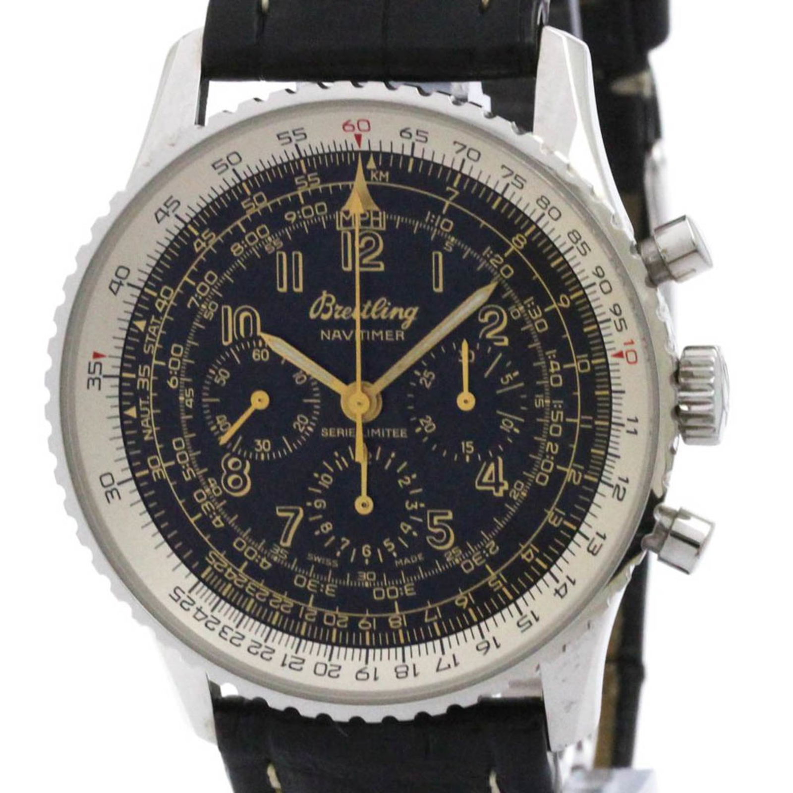 Breitling Navitimer Steel Leather: Brand: Breitling Type: Wristwatch Style: Sport Gender: Men Material (Case): Stainless Steel Material (Band): Leather Color (Dial): Black Case Diameter: 42mm / 1.65'' Condition: Used (very good), A few