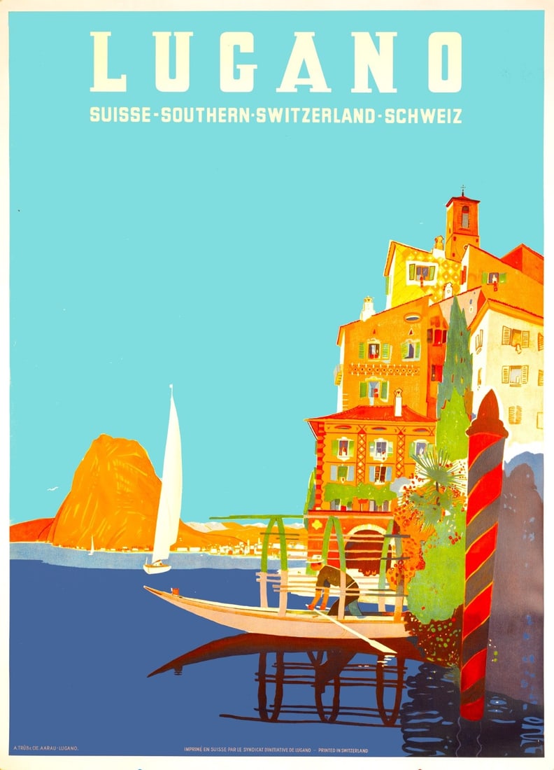 Lugano Original Authentic 1950 Swiss Travel Poster By Daniel Buzzi On Linen Exce (1 of 3)