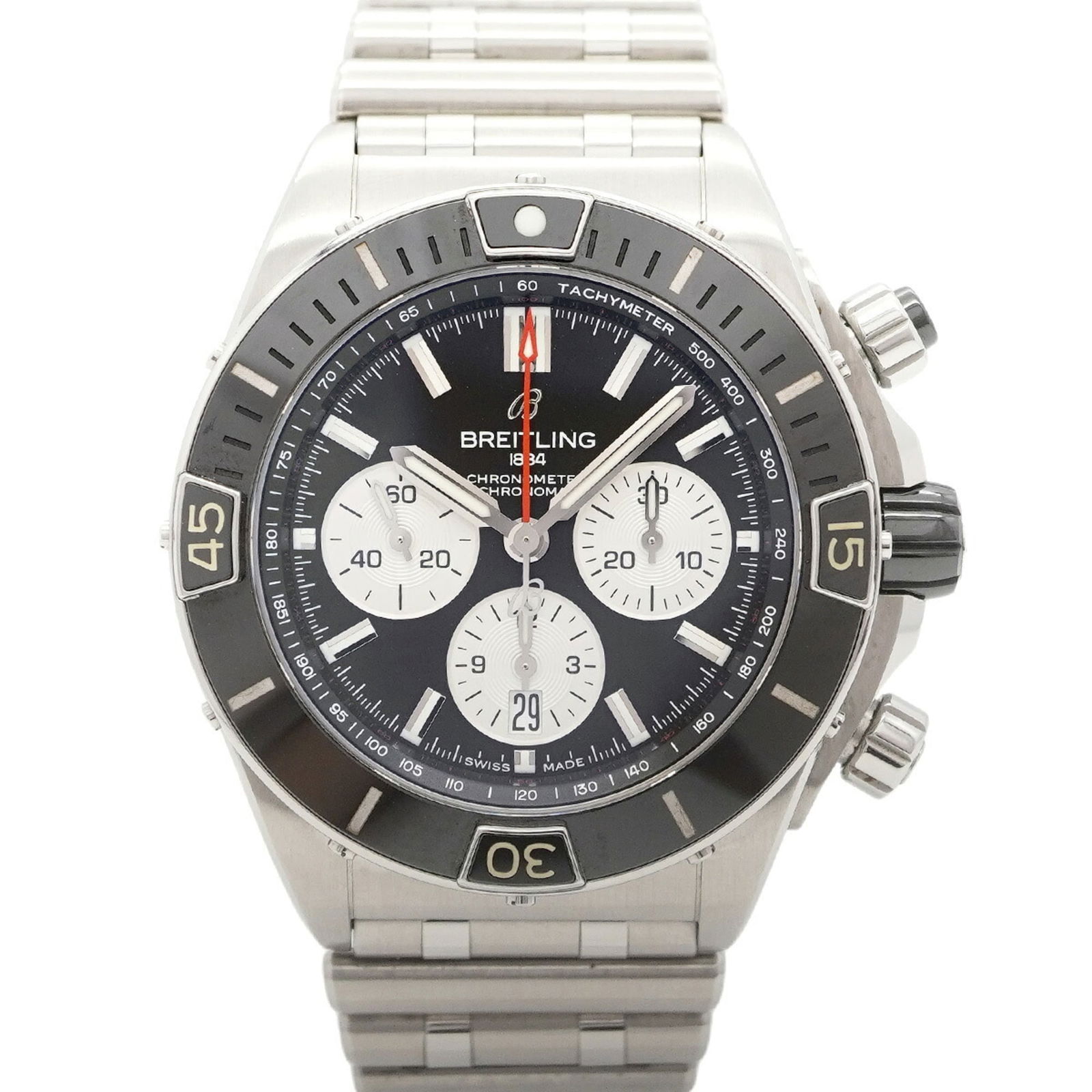 Breitling Super Chronomat 44 Ab0136 Black Dial: Brand: Breitling Type: Wristwatch Gender: Men Material (Band): Stainless Steel Color (Dial): Black Case Diameter: 45mm / 1.77'' Wrist Size: 18.5cm / 7.28'' Condition: Used (very good), A few traces of