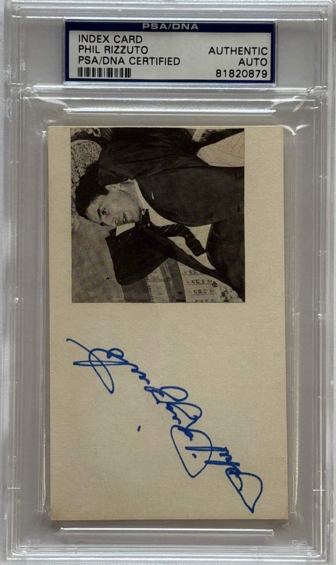 Phil Rizzuto Autographed Index Postcard (Psa): Brand: Professional Sports Authentication (PSA) Phil Rizzuto Autographed Index Postcard Signed in blue sharpie and autheniticated by PSA Cert# 81920879. Product Disclaimer: Not affiliated with any tea