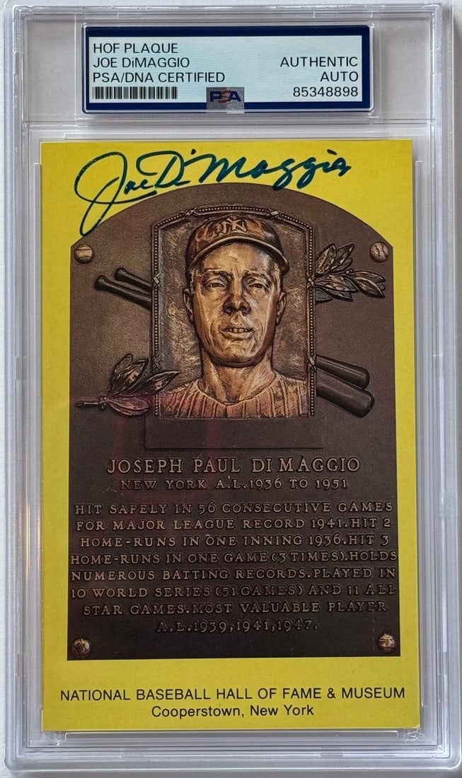 Joe Dimaggio Autographed Hall Of Fame Plaque Postcard (Psa): Brand: James Spence Authentication (JSA) Joe DiMaggio Autographed Hall of Fame Plaque Postcard Signed in blue sharpie across the front of the card Product Disclaimer: Not affiliated with any team or l