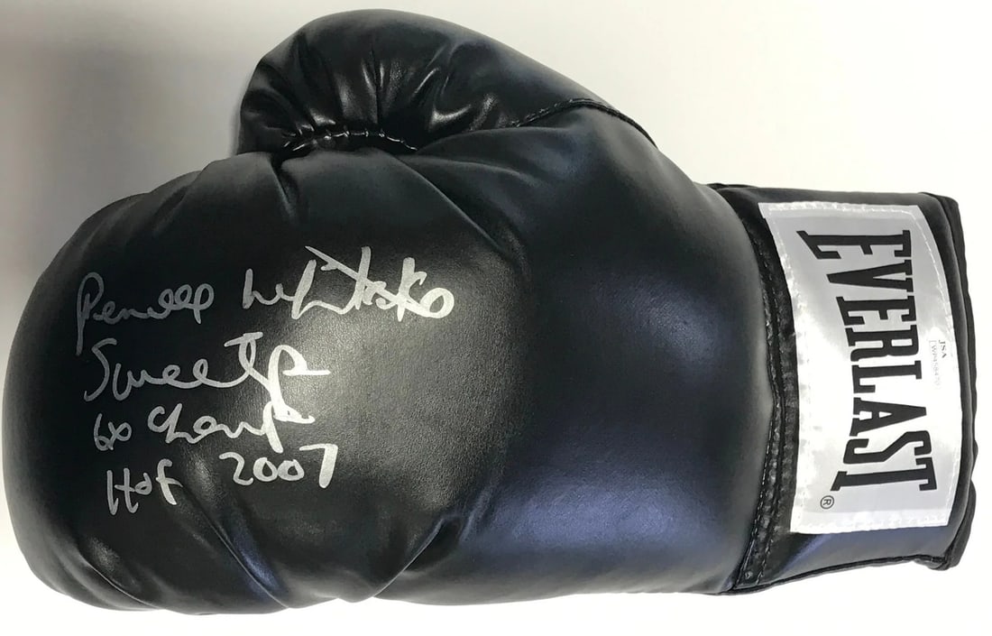 Pernell Whitaker Autographed Black Everlast Left Boxing Glove (Jsa): Brand: James Spence Authentication (JSA) Pernell Whitaker Autographed Everlast Black Boxing Glove Inscribed with "Sweet Pea, 6x Champ, HOF 2007" inscriptions Signed in silver sharpie across the front