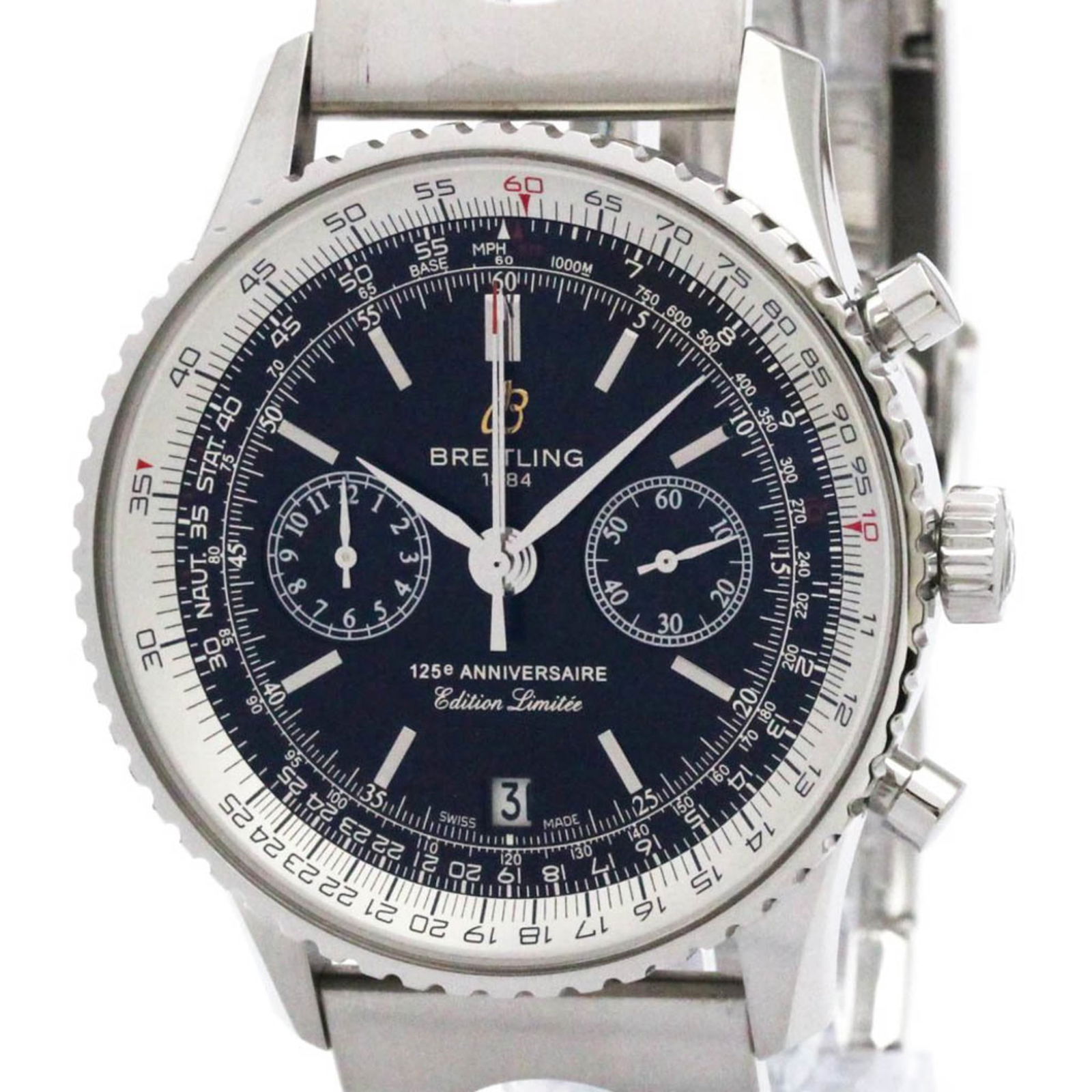 Breitling Navitimer 125 Anniversary Steel: Brand: Breitling Type: Wristwatch Style: Sport Gender: Men Material (Case): Stainless Steel Material (Band): Stainless Steel Color (Dial): Black Case Diameter: 43mm / 1.69'' Condition: Used (very good