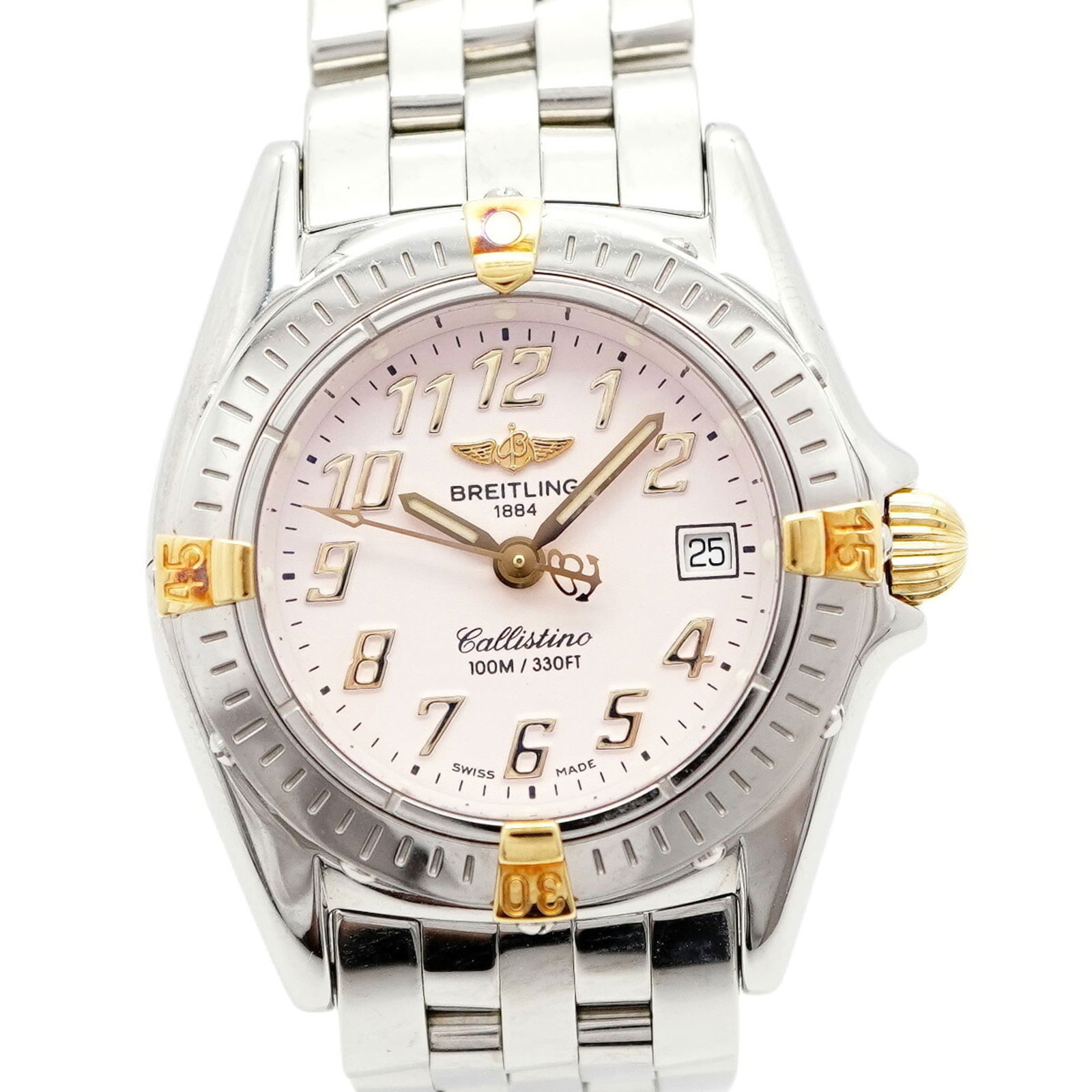 Breitling Calistino B52345 Pink Dial: Brand: Breitling Type: Wristwatch Gender: Women Material (Band): Stainless Steel Color (Dial): Pink Case Diameter: 27.6mm / 1.09'' Wrist Size: 15cm / 5.9'' Condition: Used (good), Traces of usage, scr