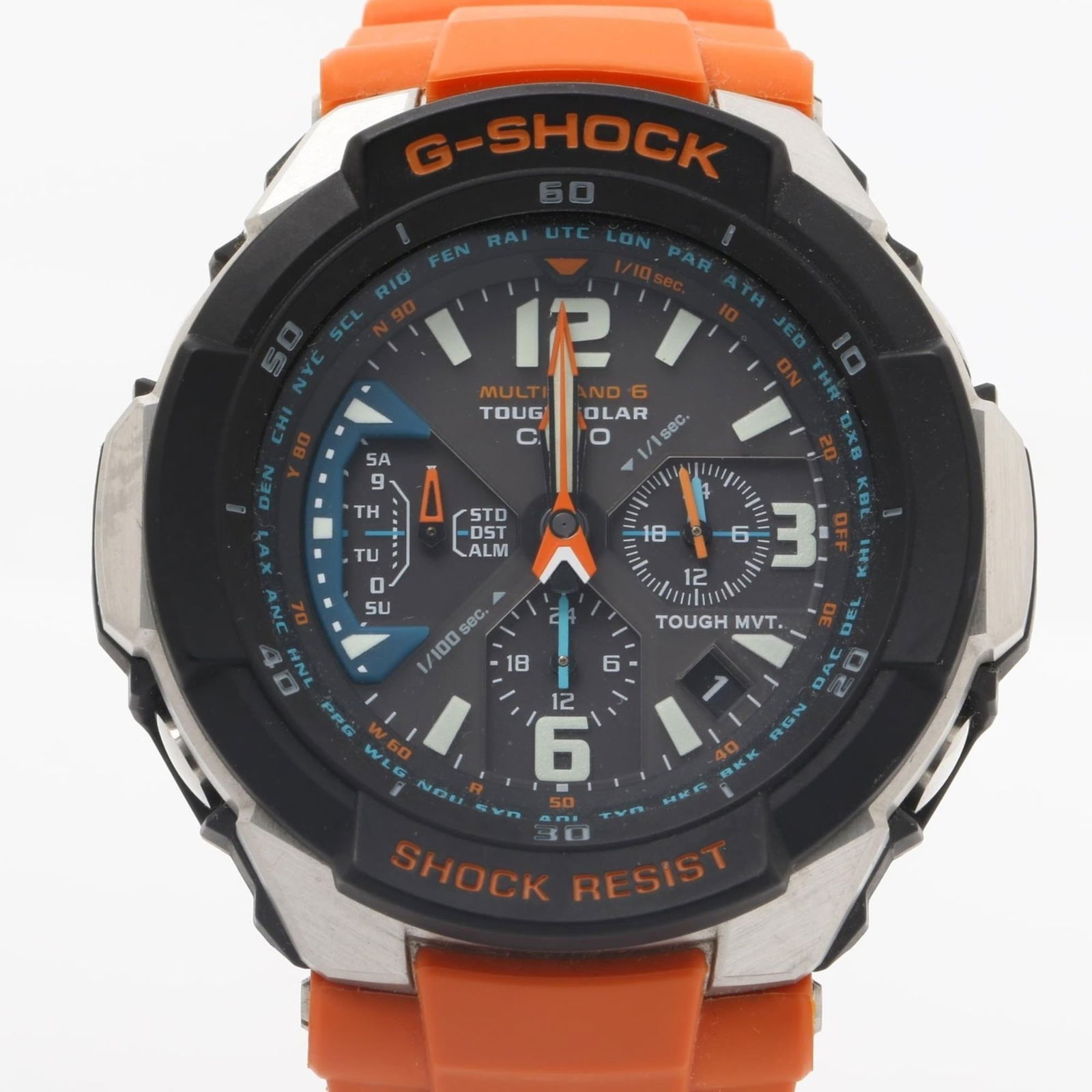 Casio Gshock Sky Cockpit Gw3000M4Aer: Brand: Casio Type: Wristwatch Gender: Men Display: Analog Material (Case): Stainless Steel Material (Band): Resin Color (Dial): Black Case Diameter: 49.3mm / 1.94'' Wrist Size: 23cm / 9.05'' Condition