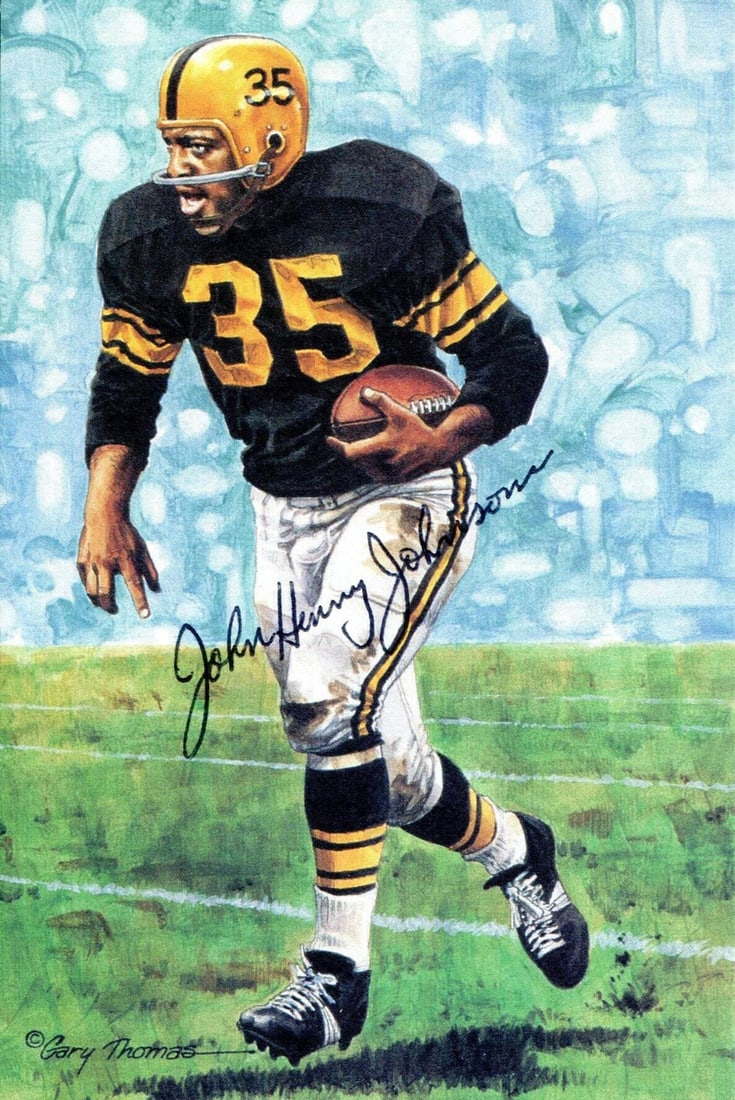 John Henry Johnson Autographed Goal Line Art Postcard: John Henry Johnson Autographed Goal Line Art Postcard Signed in black sharpie across the front of the card Authenticity is provided by Rich Altman's and will be accompanied with a COA from Numbered ou